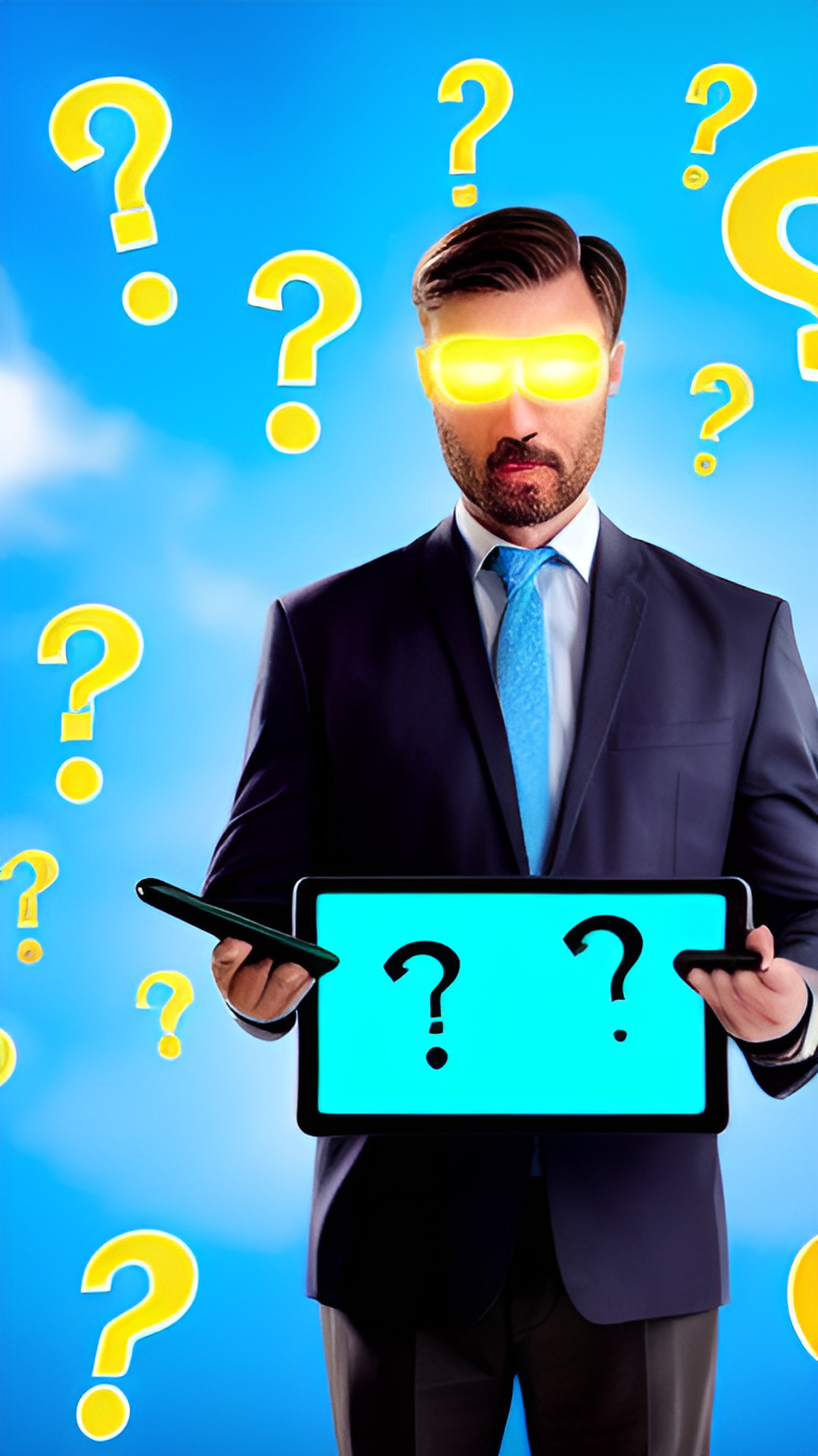 Riddler who? - a superhero holding a high-tech tablet with question marks hovering around them, as if trying to solve a challenging mystery. preview