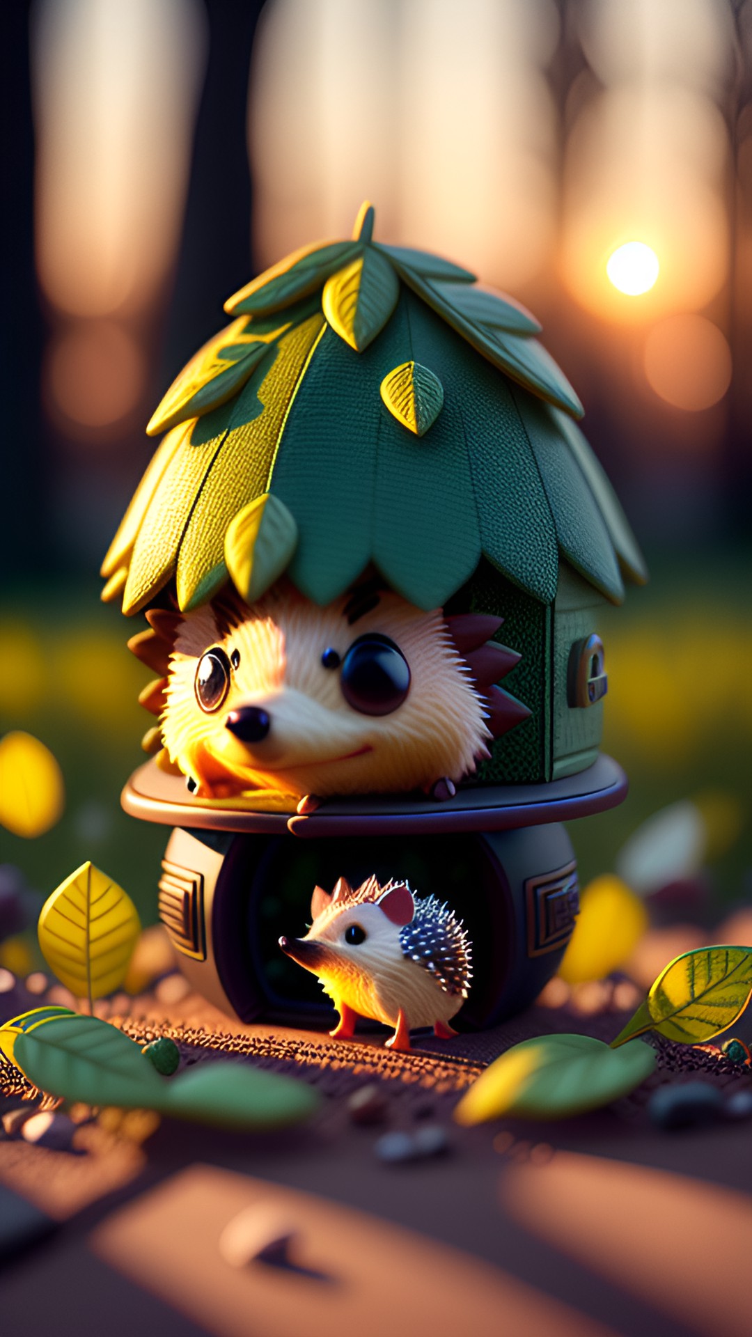 ��🏡⌚️ - a tiny hedgehog exploring a cozy, clock-filled cottage with a trail of fresh leaves behind him, as the sun sets in the distance." preview