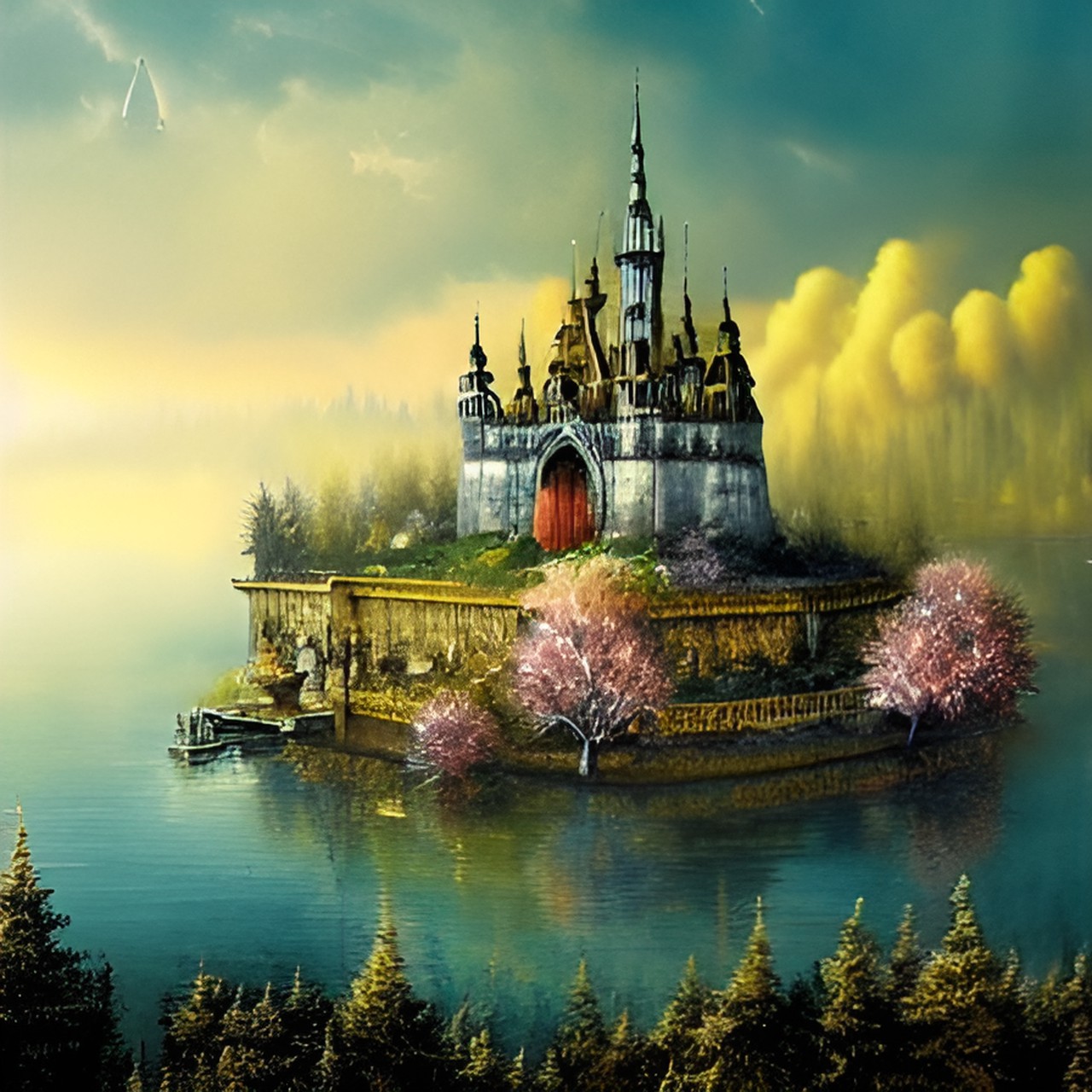 golden castle high in the air above a lake of fire preview