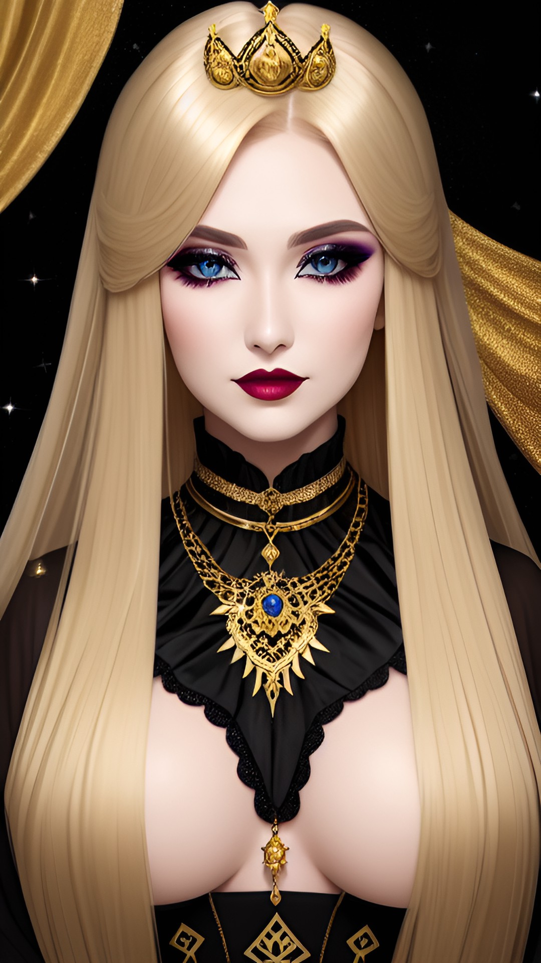 mystic empress golden makeup , goth gown with sweetheart chest . golden hair. almond-shaped eyes, clear without blur. preview