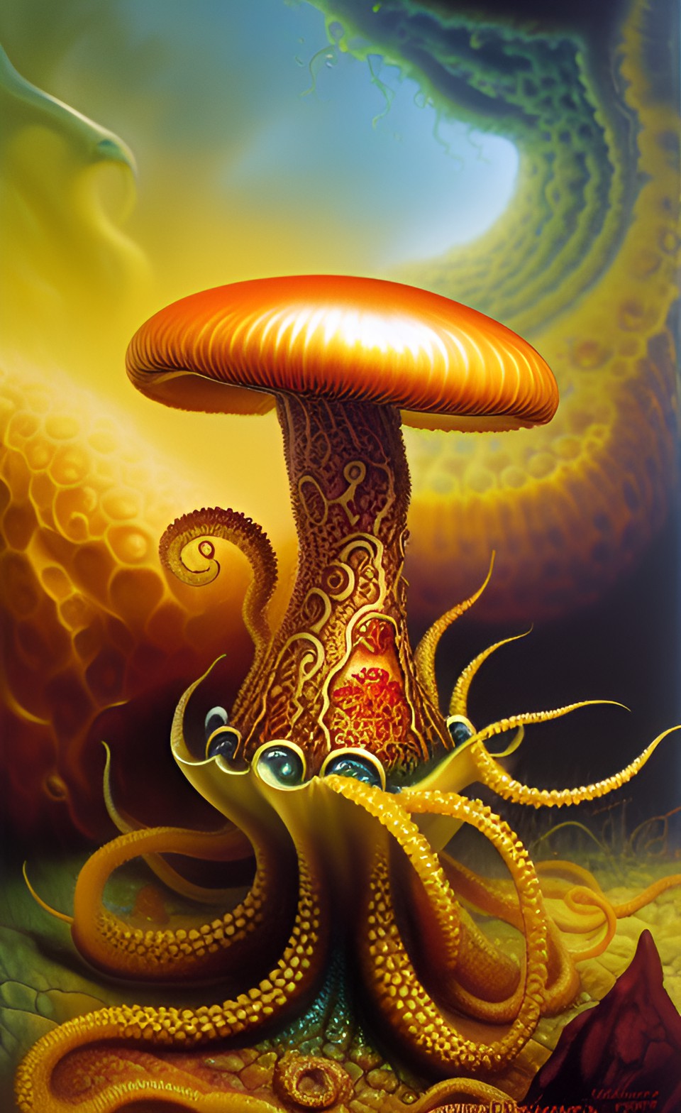 magic mushroom II - tentacles of the faberge mushroom, by boris vallejo, by brian m viveros, by johnny bruck, ultra realistic, crisp quality, masterpiece, award winning, highly detailed, wonderful, magnificent, surreal preview