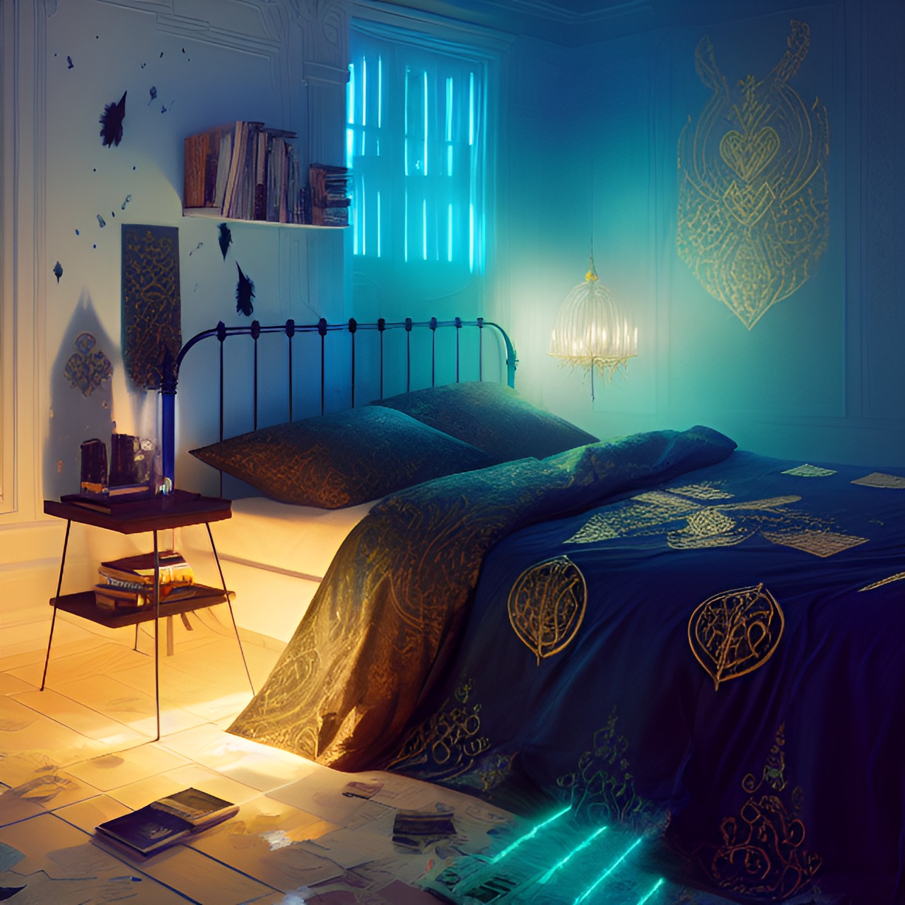 mystical bed with blue glowing eyes and magic. gold details and runes. close-up preview