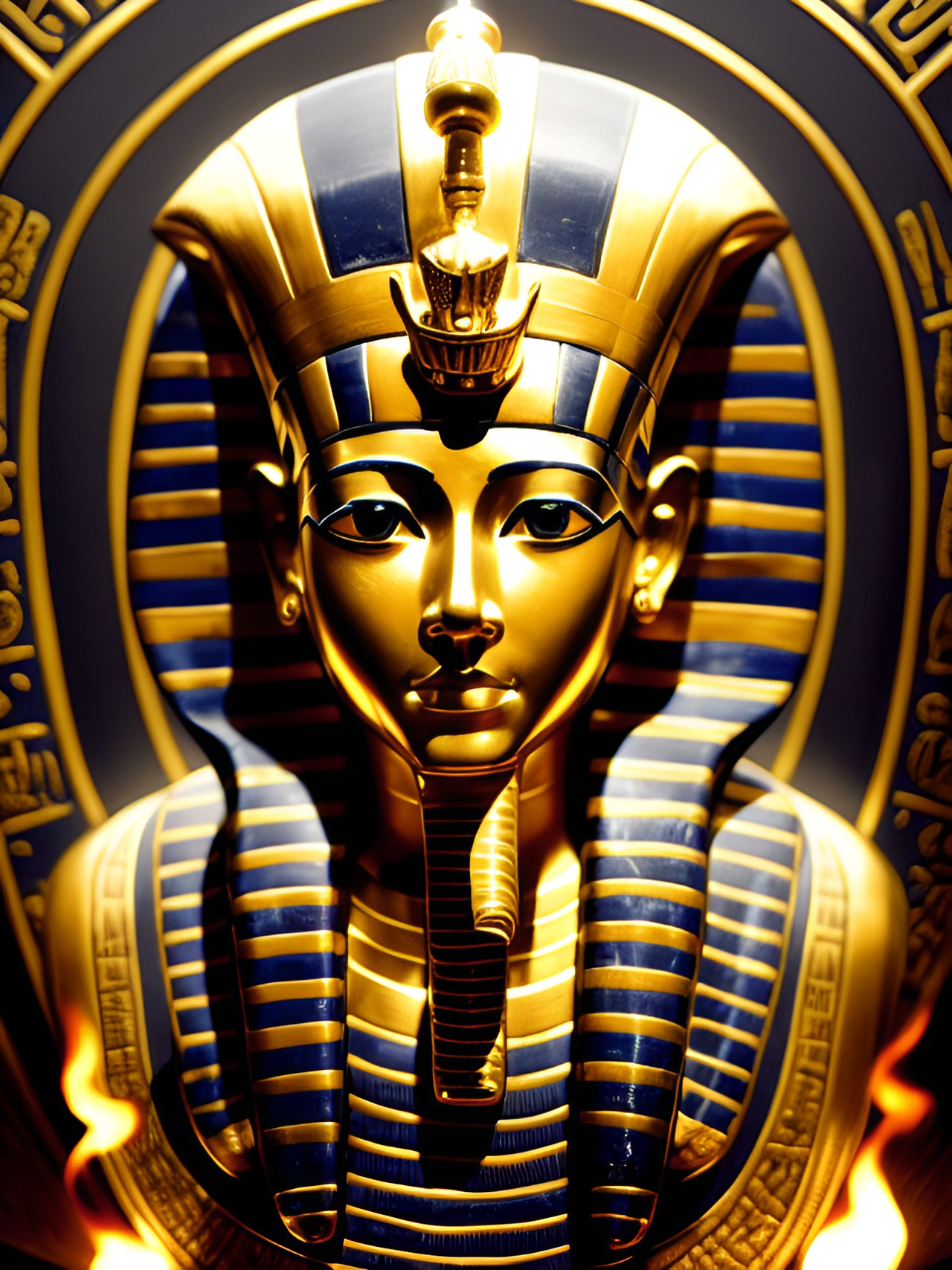 king tut - an ornate bust of king tut, with intricate hieroglyphics carved into the stone, surrounded by flickering torches and hidden chambers filled with ancient treasures." preview