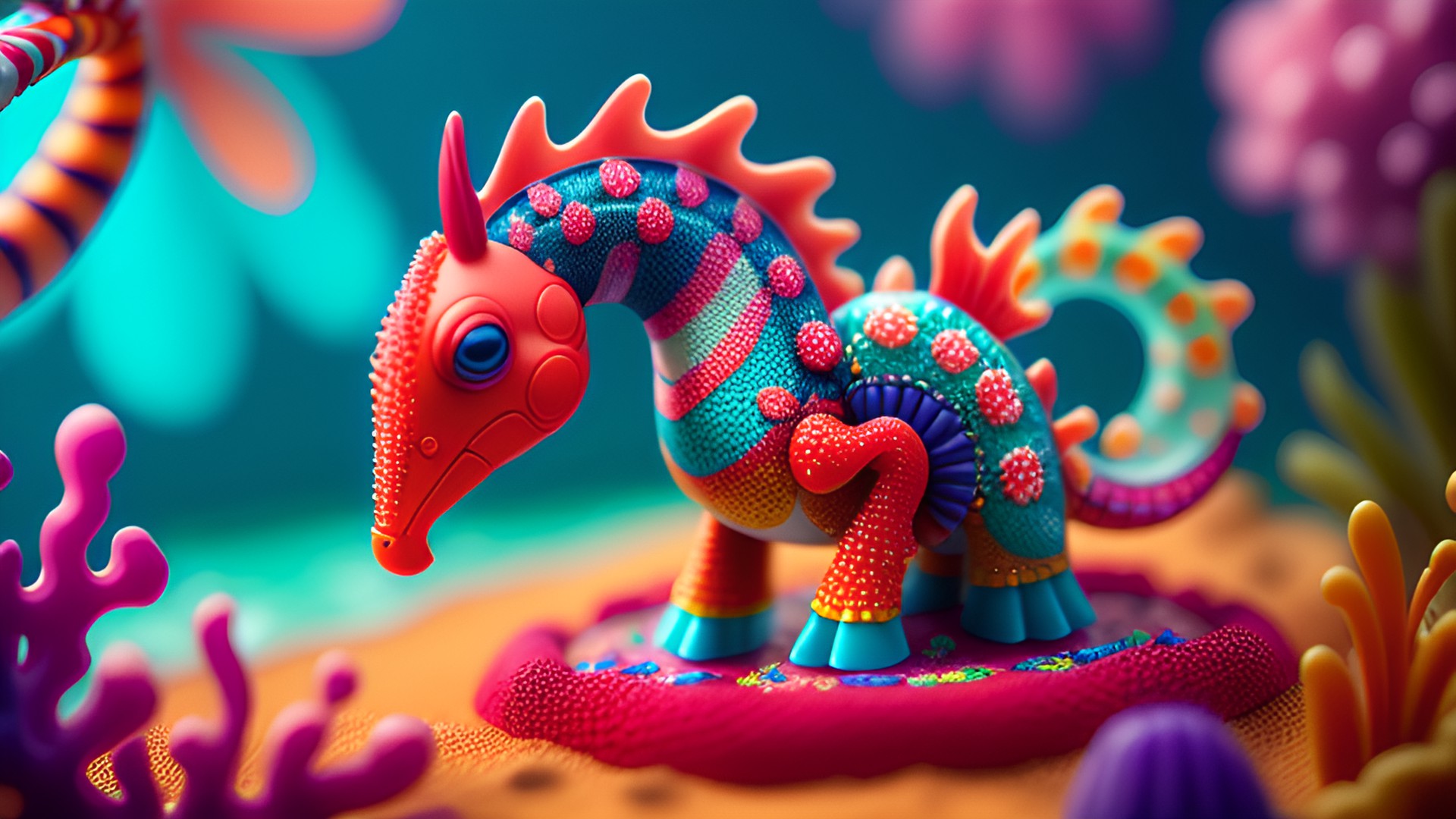 a seahorse in a colorful coral garden intricate detail preview