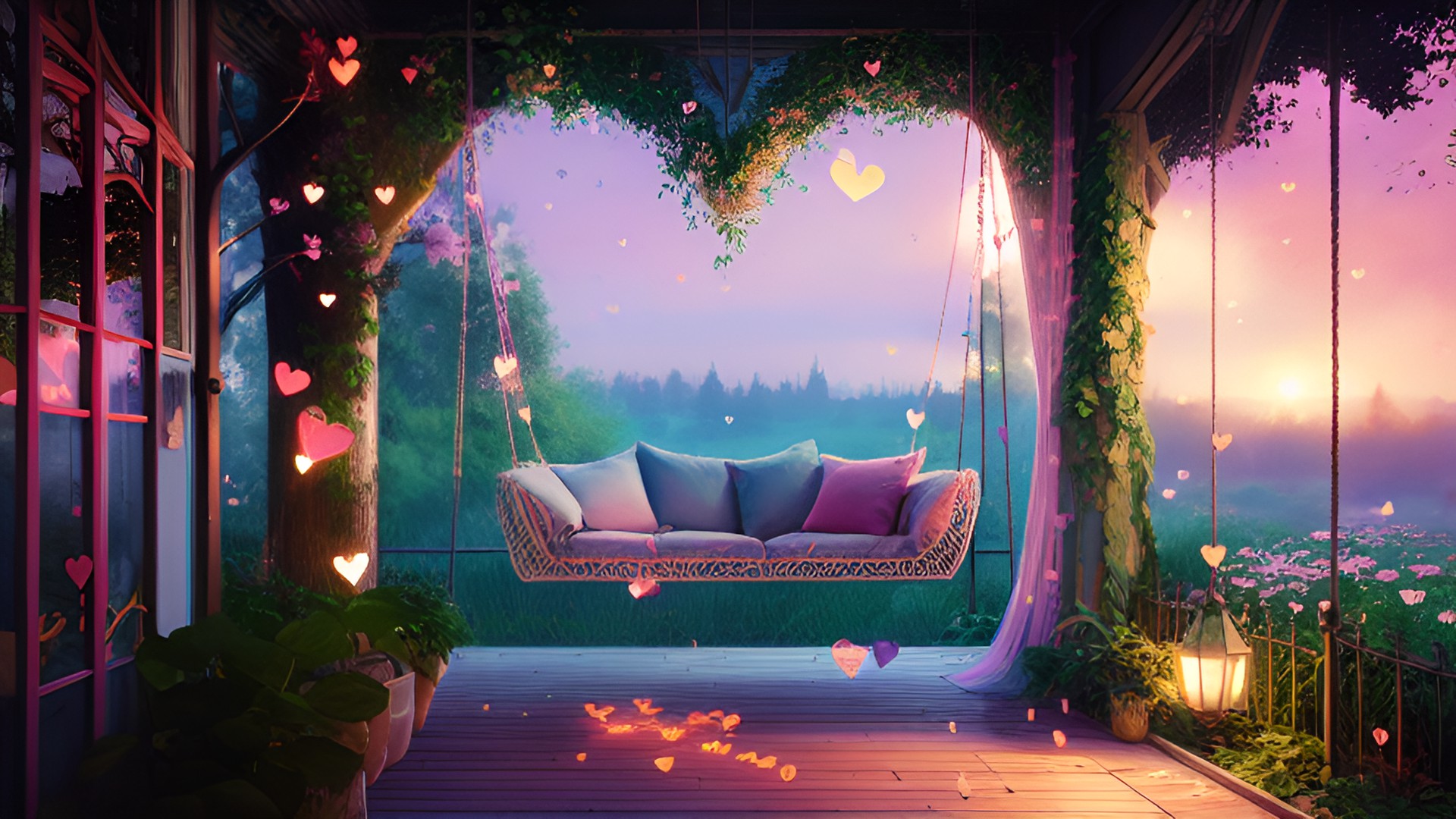 heart-shaped lovers’ swing, trellised in pastel roses, fairy lights, twilight sunset, throw pillows, dimly lit, birds and chipmunks, 3d, 8k, rich colors preview