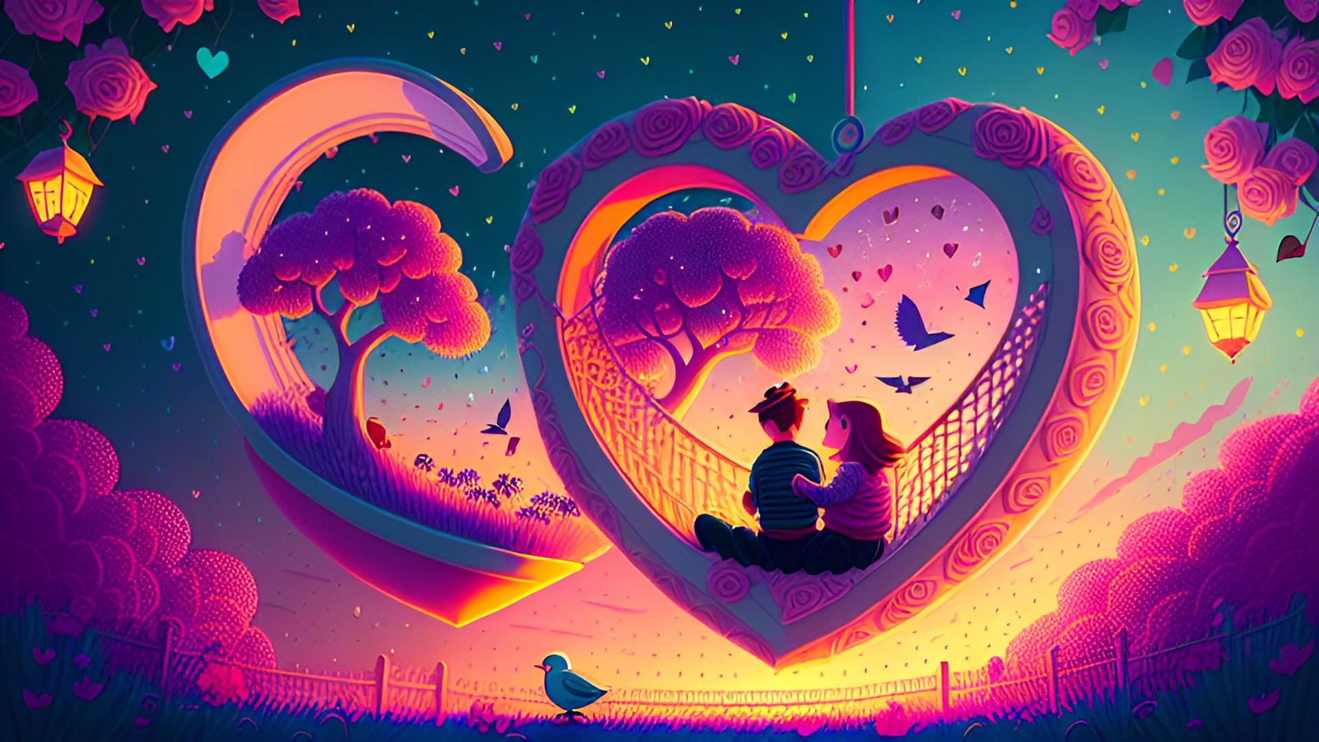 heart-shaped lovers’ swing, trellised in pastel roses, fairy lights, twilight sunset, throw pillows, dimly lit, birds and chipmunks, 3d, 8k, rich colors preview