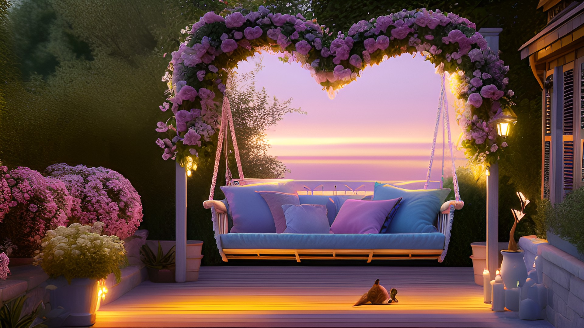 heart-shaped lovers’ swing, trellised in pastel roses, fairy lights, twilight sunset, throw pillows, dimly lit, birds and chipmunks, 3d, 8k, rich colors preview