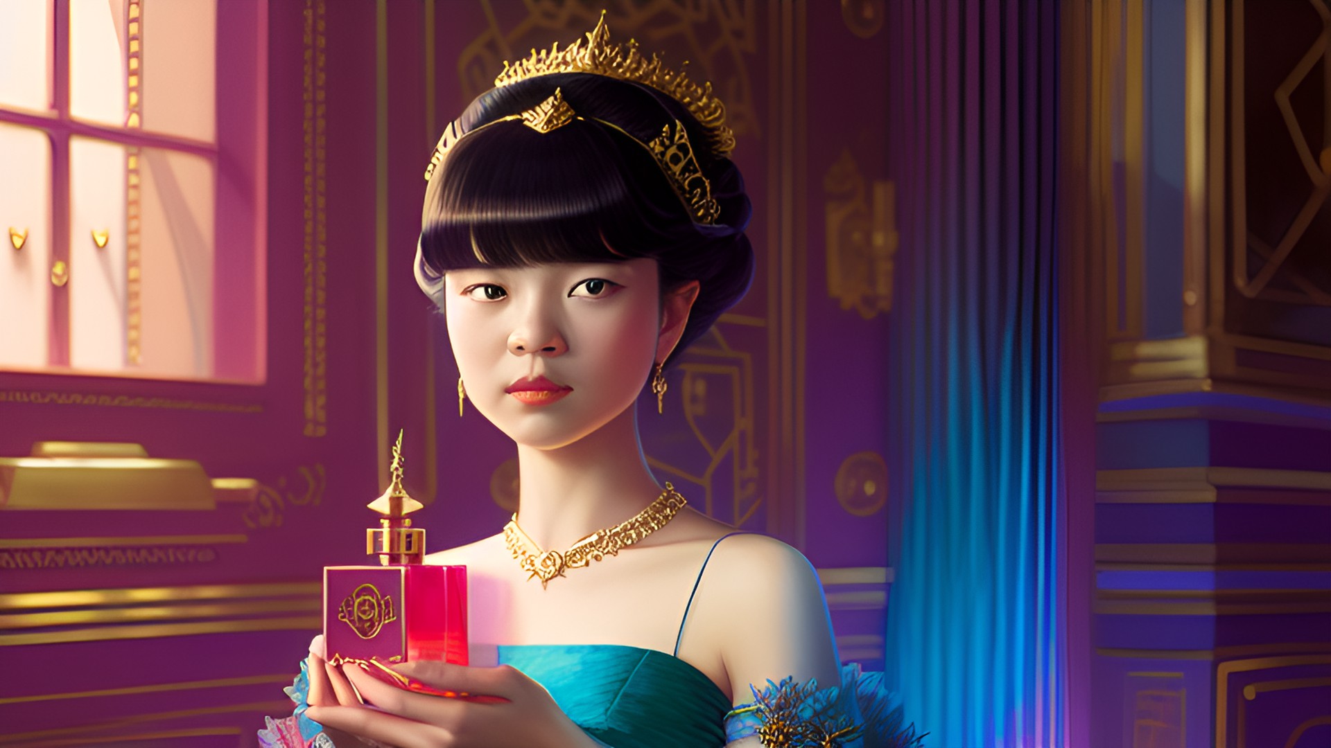 princess vicky, feminist , smells of great perfume , 3d, 8k, gold and jewel tone colors, backlighting preview