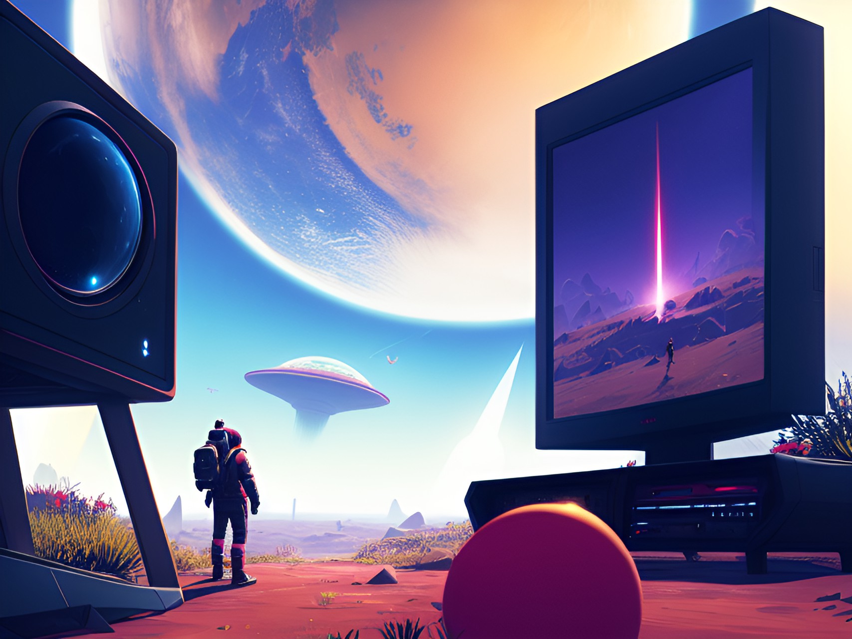 Units received - no mans sky character scaring the player as it attempts to escape off of the television screen preview