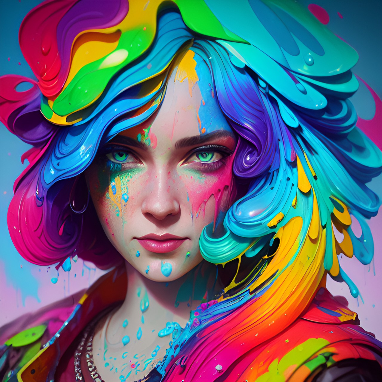 a lady covered in rainbow goo, fluid, intricate, hyperdetailed, gouache, jones, ismail inceoglu,jean baptiste mongue,james jean,erin hanson,dan mumford, 3d, sharp focus,ray tracing,smooth render,detailed face, arcane style preview