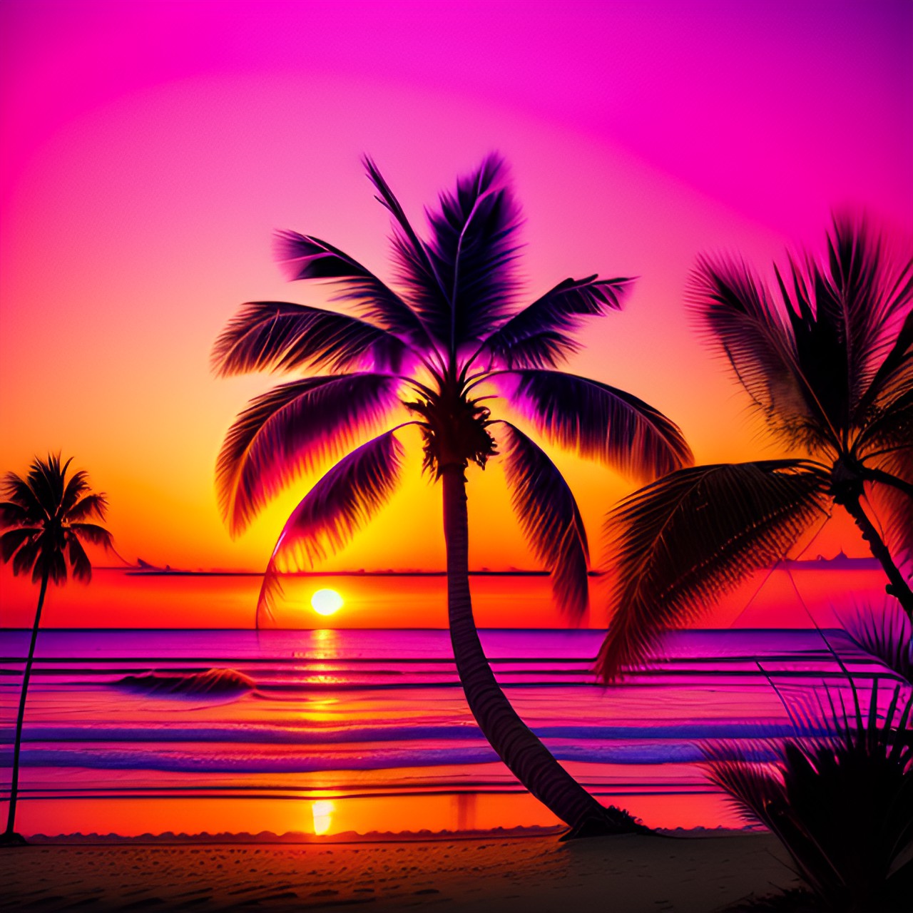 pink sunset  - a blazing pink sunset illuminating a silhouetted palm tree on a tranquil beach, with wispy clouds adrift in the sky." preview