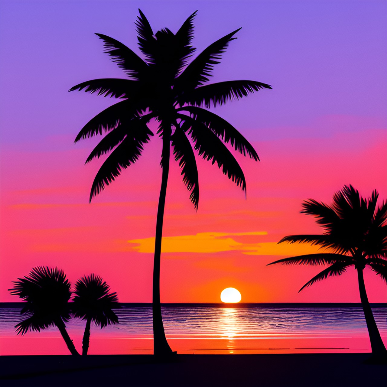 pink sunset  - a blazing pink sunset illuminating a silhouetted palm tree on a tranquil beach, with wispy clouds adrift in the sky." preview