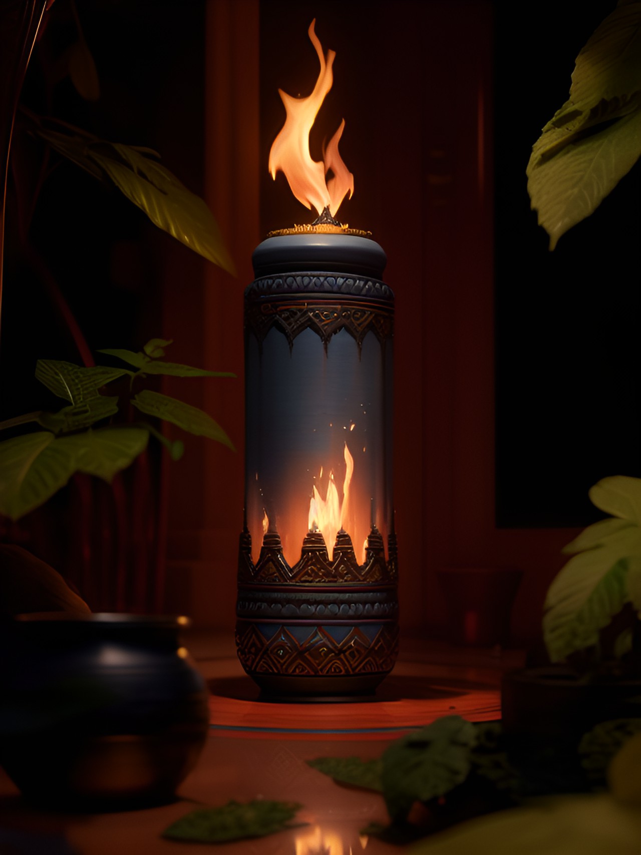 glazed clay cylinder with fire decoration preview