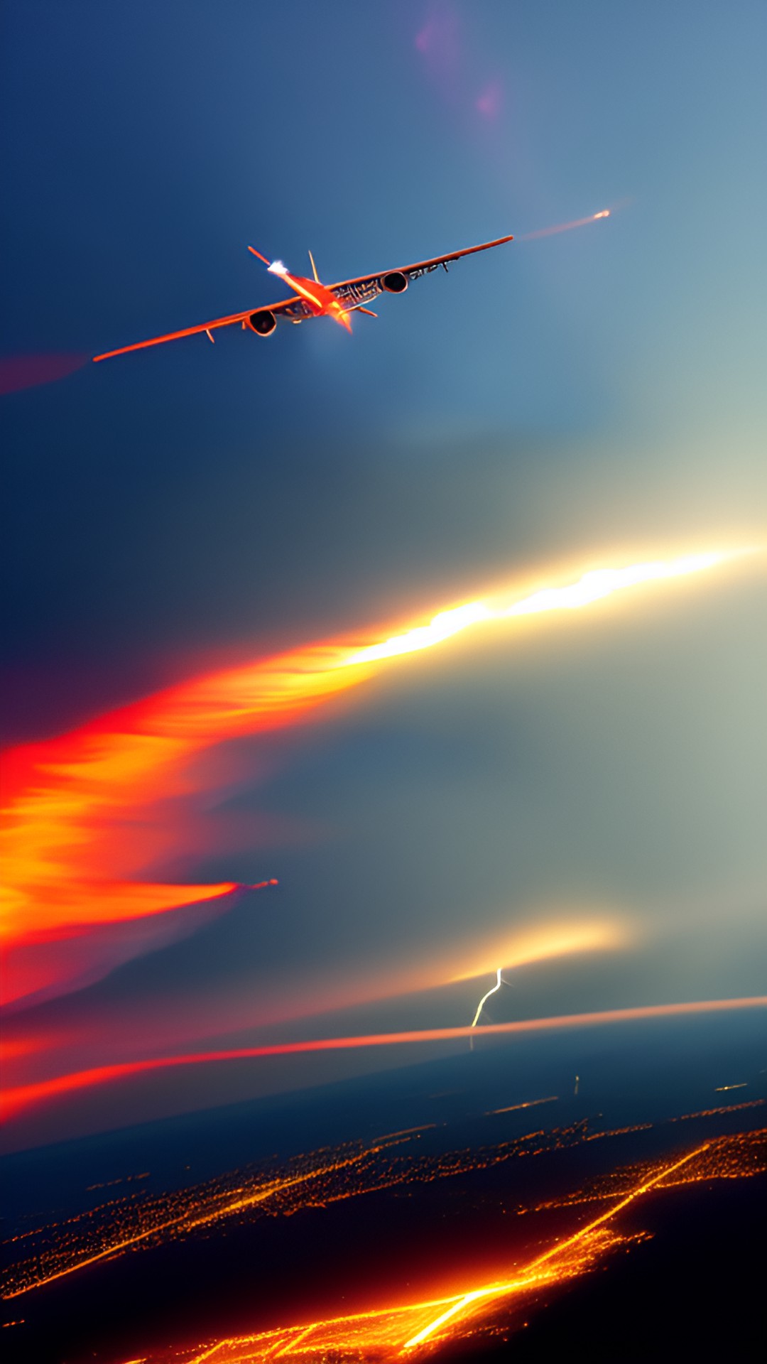 airplane flying through fire and lightning. preview