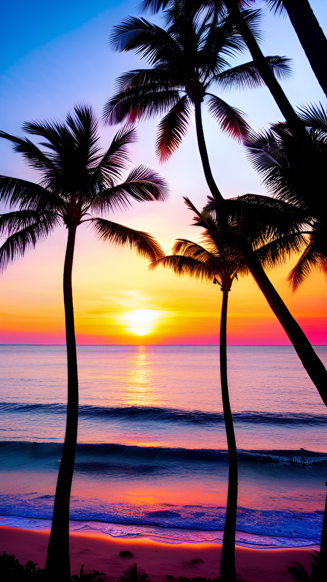 a breathtaking sunset over the ocean with palm trees in the foreground. preview