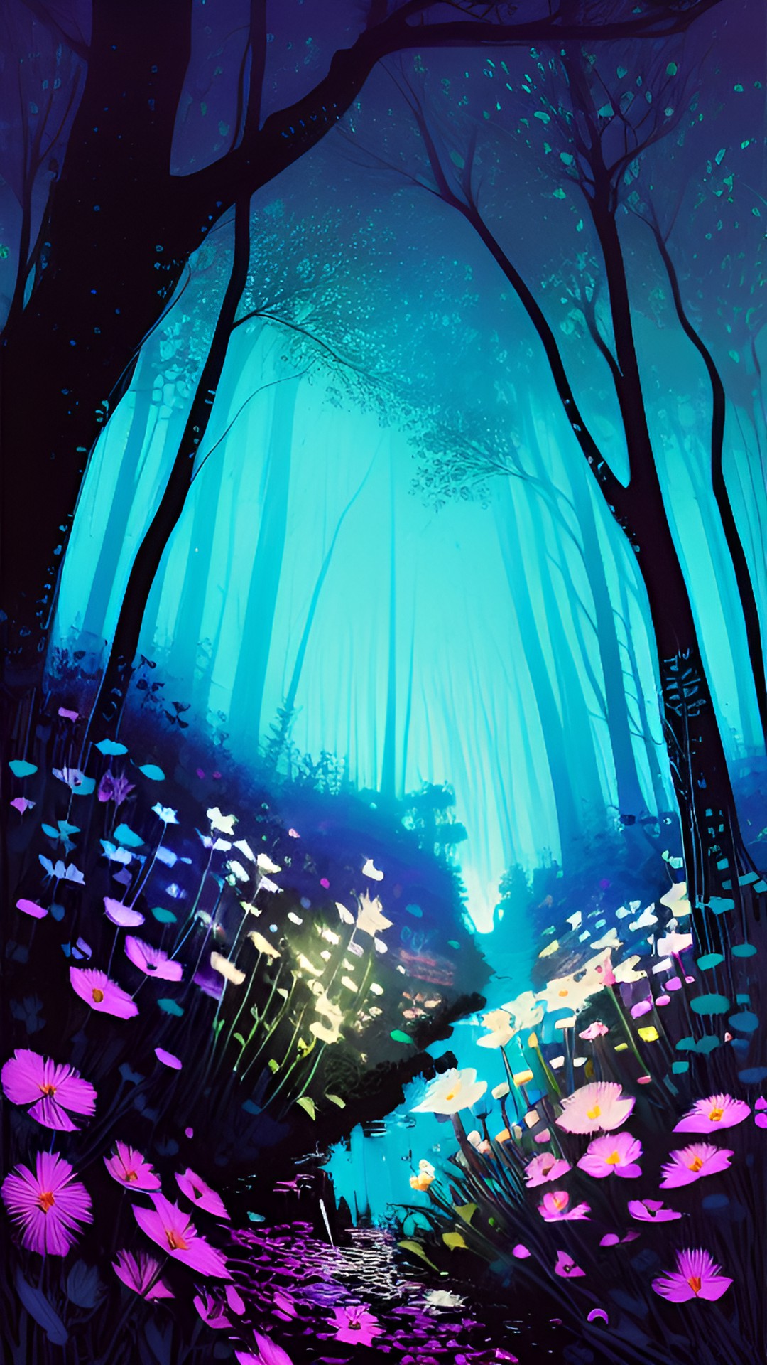 bioluminescent magical forest in the summertime at night,wild flowers,violets preview