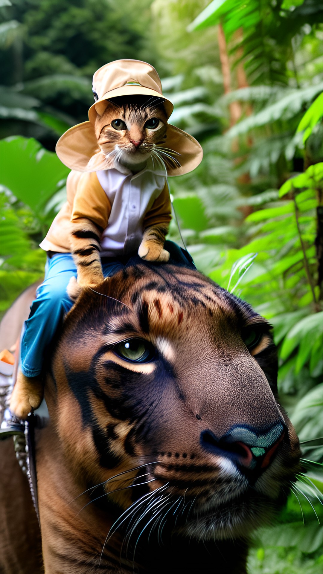 a cat wearing a safari hat while riding on an elephant in the jungle preview