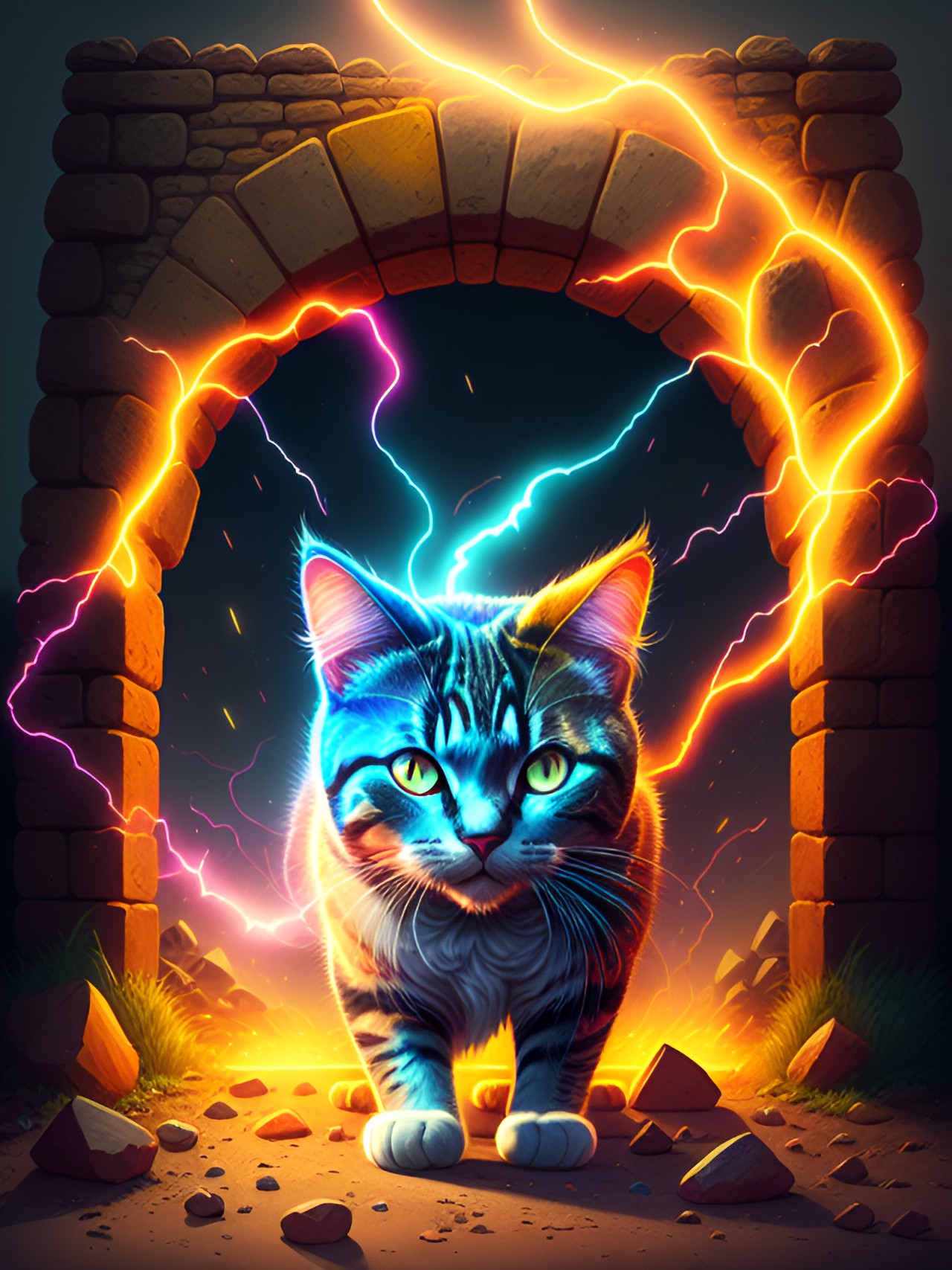 cat giving off tremendous colorful electricity

 in front of a  stone arch preview