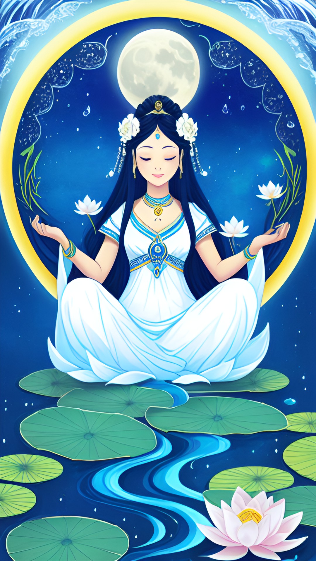 moon goddess with lotus in hair. water splashing around preview