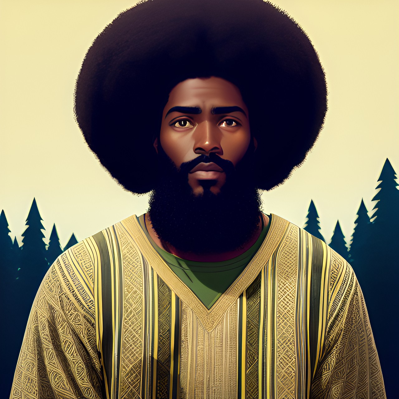 impeccable detail. life-like rendering. centered. naturalized. symmetrical. jesus christ as a dark skinned african-american man with dark skin and a swarthy complexion. hair in a 1970s afro. full beard. ancient israelite garment . long sleeves. preview