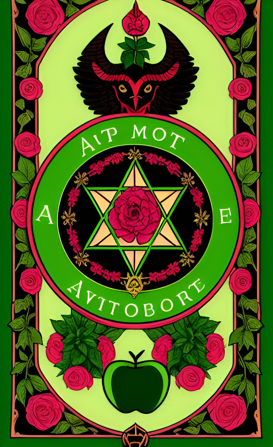 baphomet, as above so below, ivy climbing, aristocrat women, peonies, green apples, brown, green, red preview