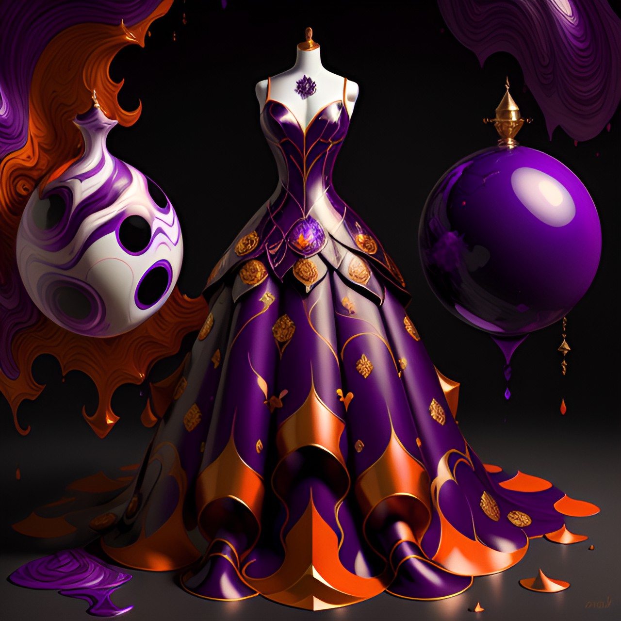 Abstract Fluid v2 - plum purple and orange ball gown on a headless mannequin torso preview