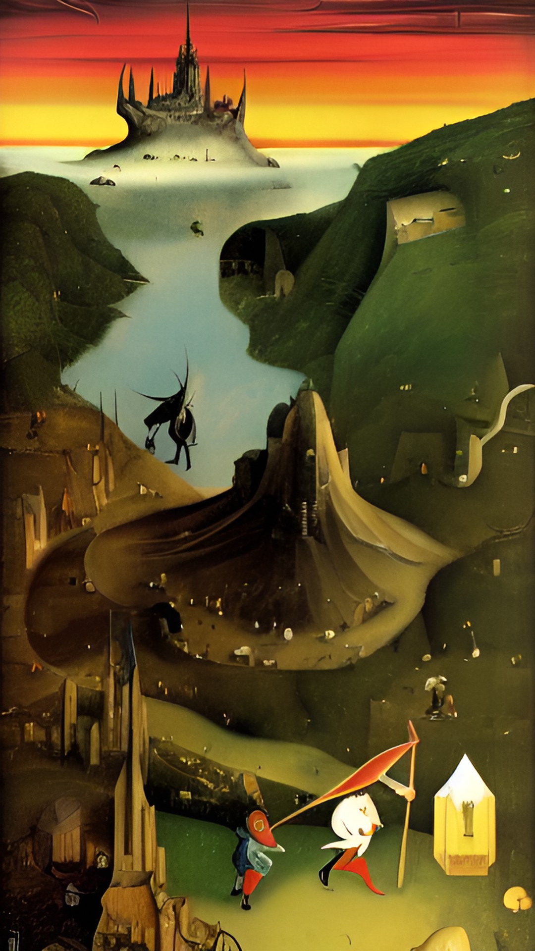 cast of the lord of the rings in the style of dali, hieronymus bosch, wes anderson preview