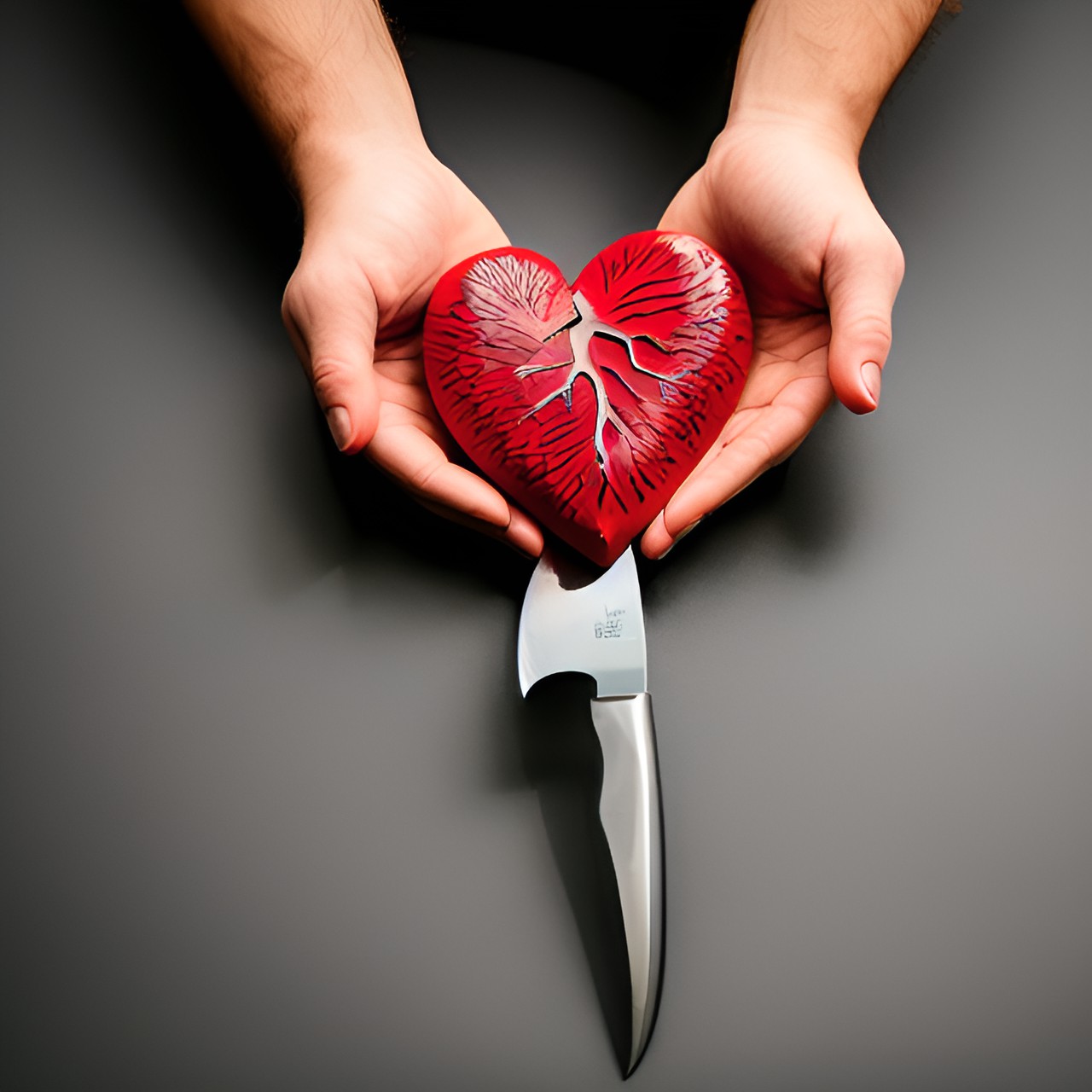 a red human heart blody cut into two halves by a knife is carried by man hands. preview