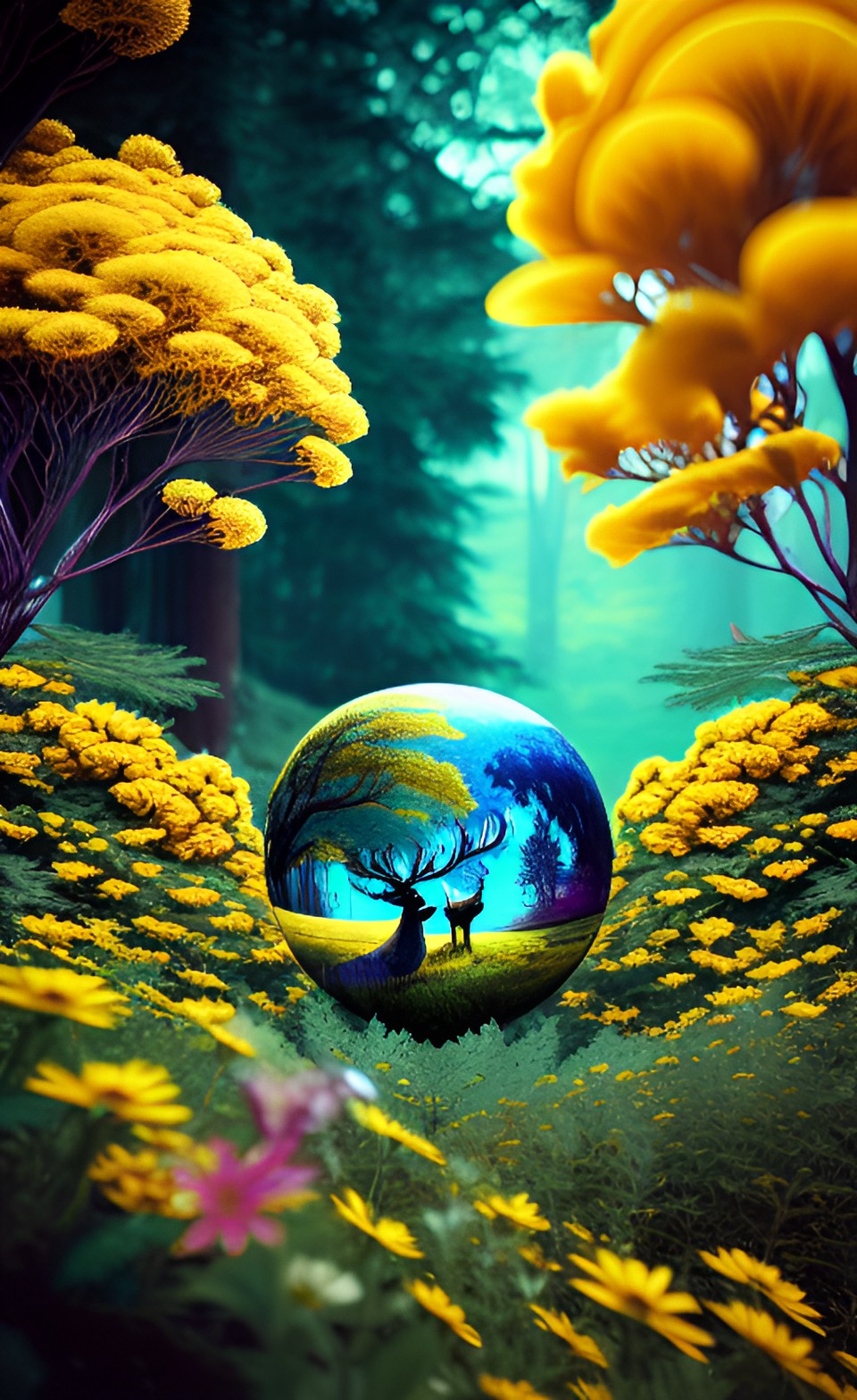 complex fractal patterns, high detail, yin yang symbol, patterns, spirals, blues, greens, yellows, flowers, meadows, deer, machines, shelter, loving human eyes watching, infinity preview