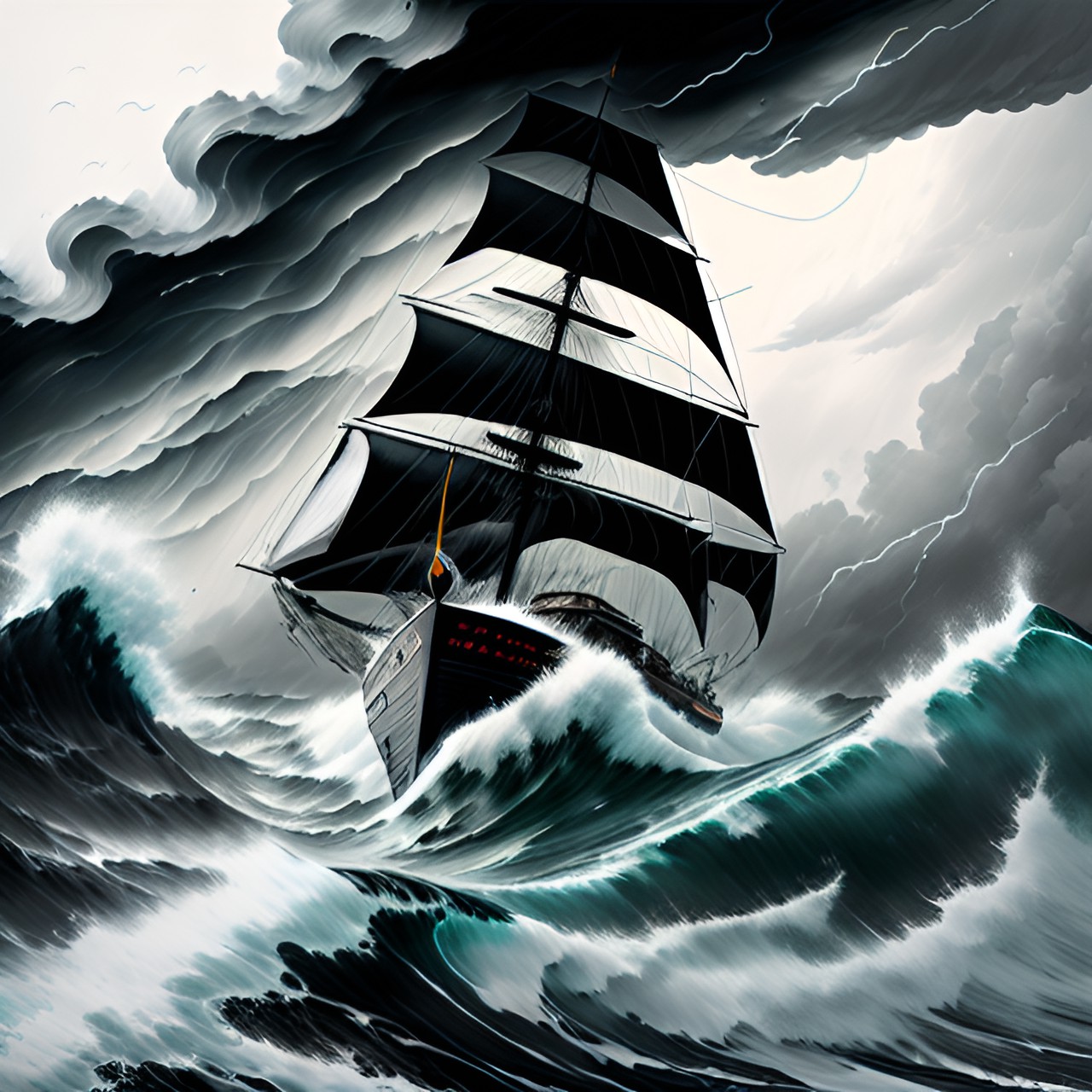 saylors sailboat in raging ocean with storm clouds and lightning preview