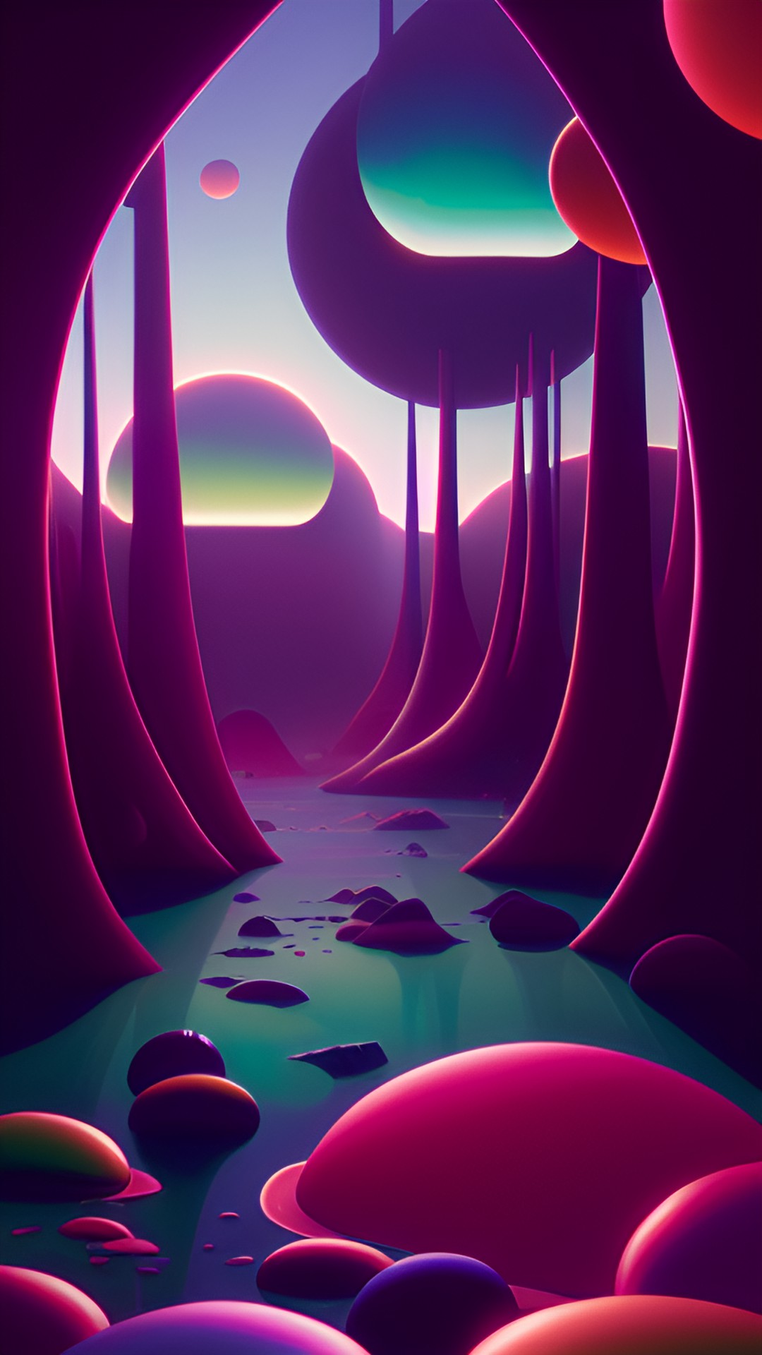 friendly landscape in glowing blob shapes of many subtle colors. most blobs are matte, others are shiny and reflective. there is a sense of hope and wonder. preview