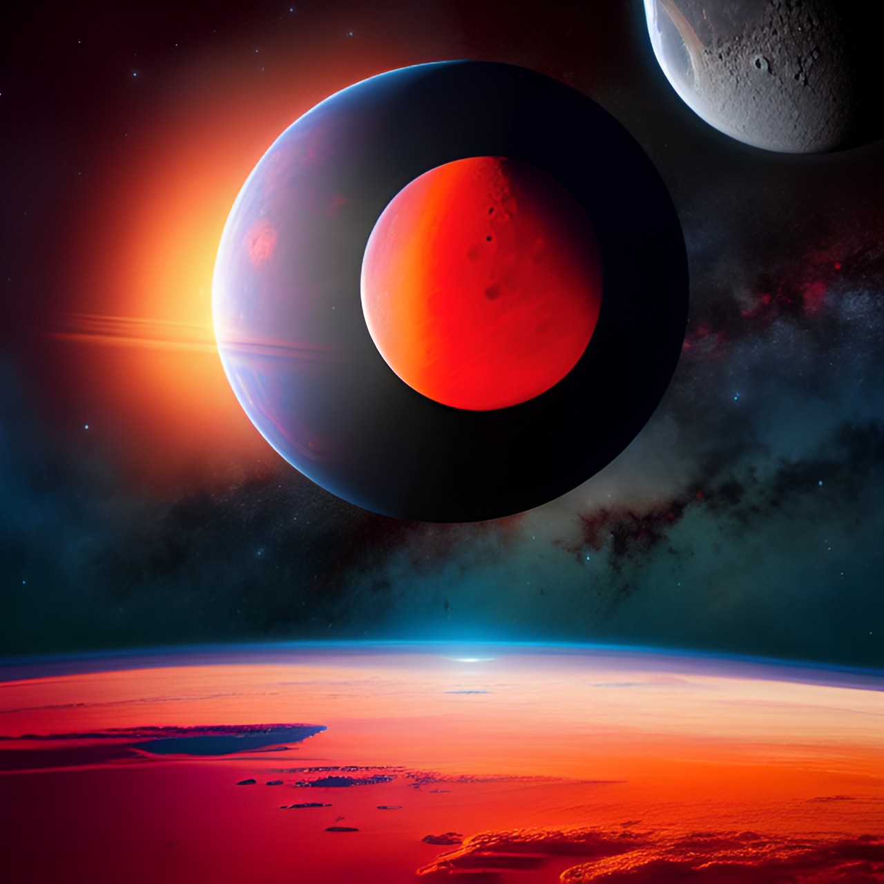 red gas planet with 1 moon in outer space preview