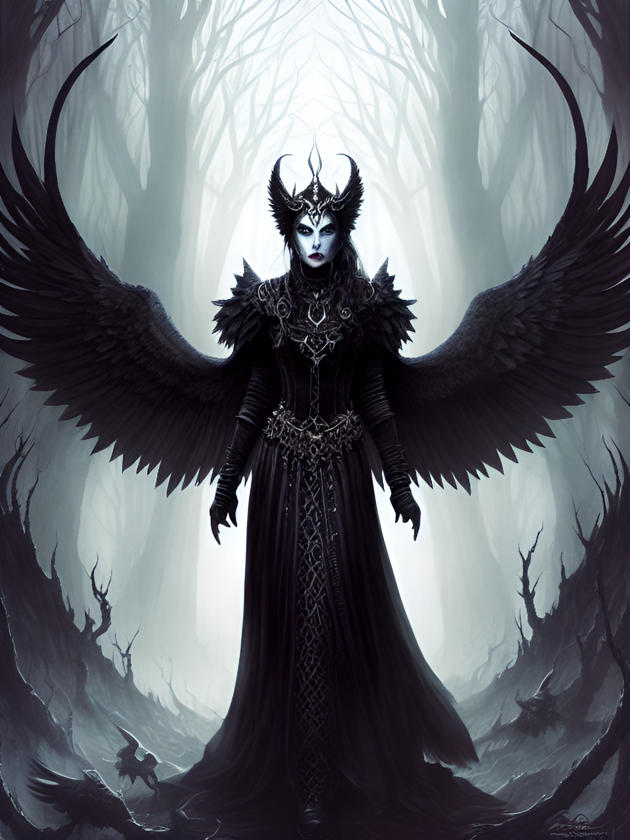 "with her blackened wings and smoldering eyes, she descended upon the mortal realm, casting a sinister shadow over everything she touched. her powers were twisted, laced with malevolence, and her purpose became the corruption of human souls" preview