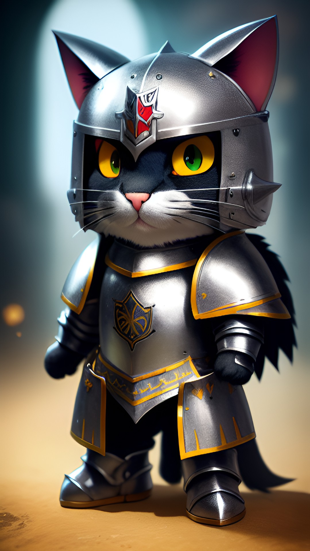 little cute kitty with armour, old knight, sharp focus, 2d, light, 4k, vfx, exotic light, background preview