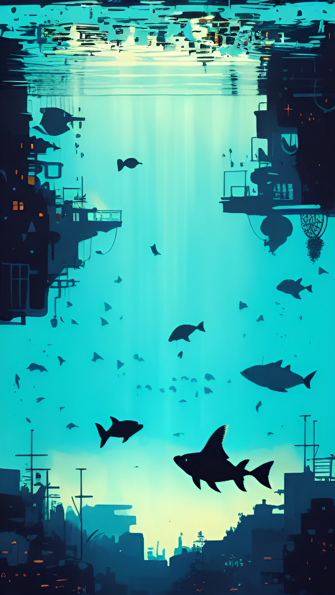 upside-down underwater scene with fish swimming in the air and birds flying underwater preview