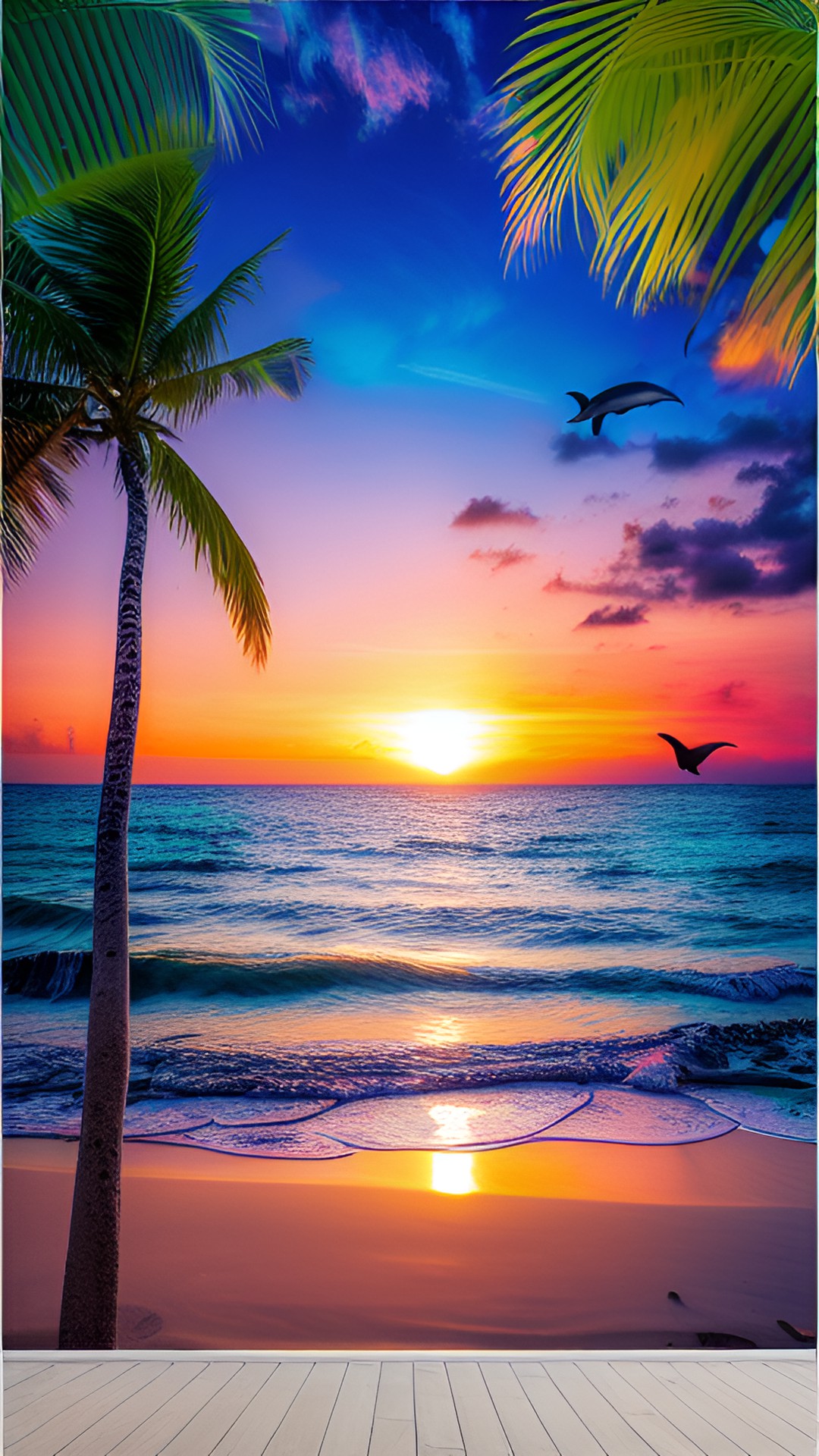 beach sunset with palm tree and dolphins jumping preview