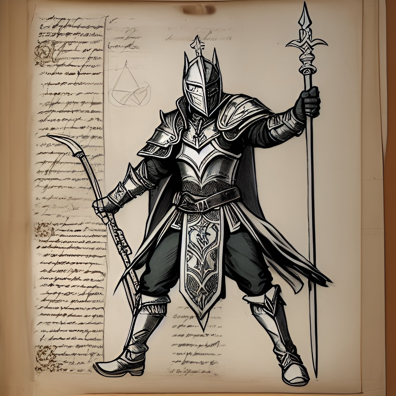 White Knight Sketch - detailed parchment sketch of white knight holding a spear, and powers with diagrams, moves, and descriptions. preview