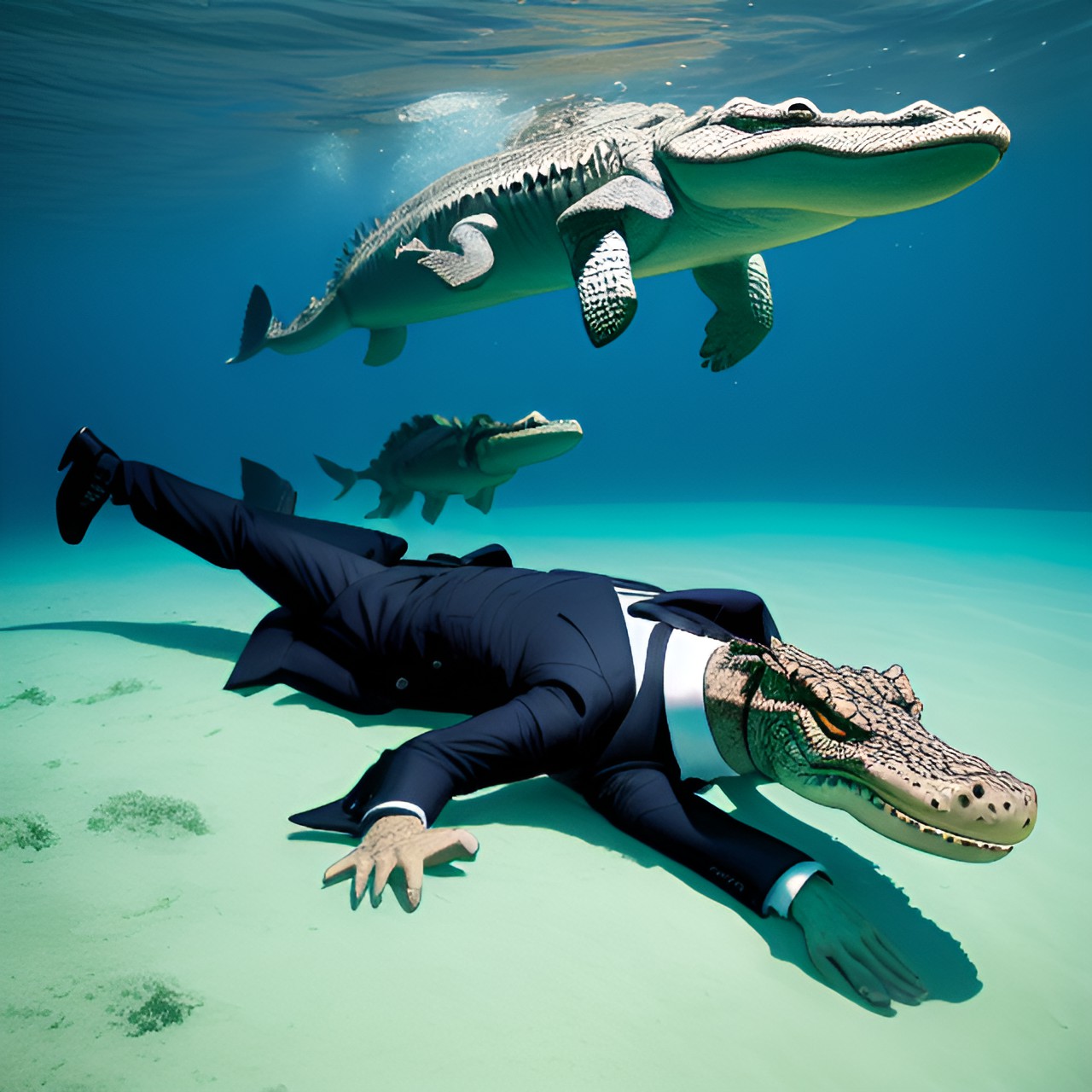 some crocodiles in a tuxedo eating a man underwater preview