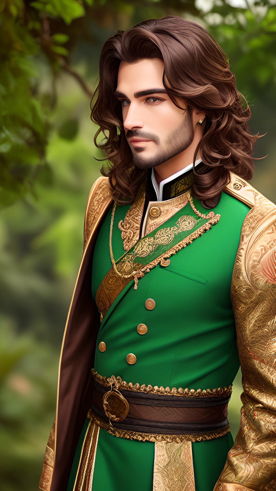 handsome man with wavy brown hair spilling over one eye, wearing sumptuous green fantasy clothes preview