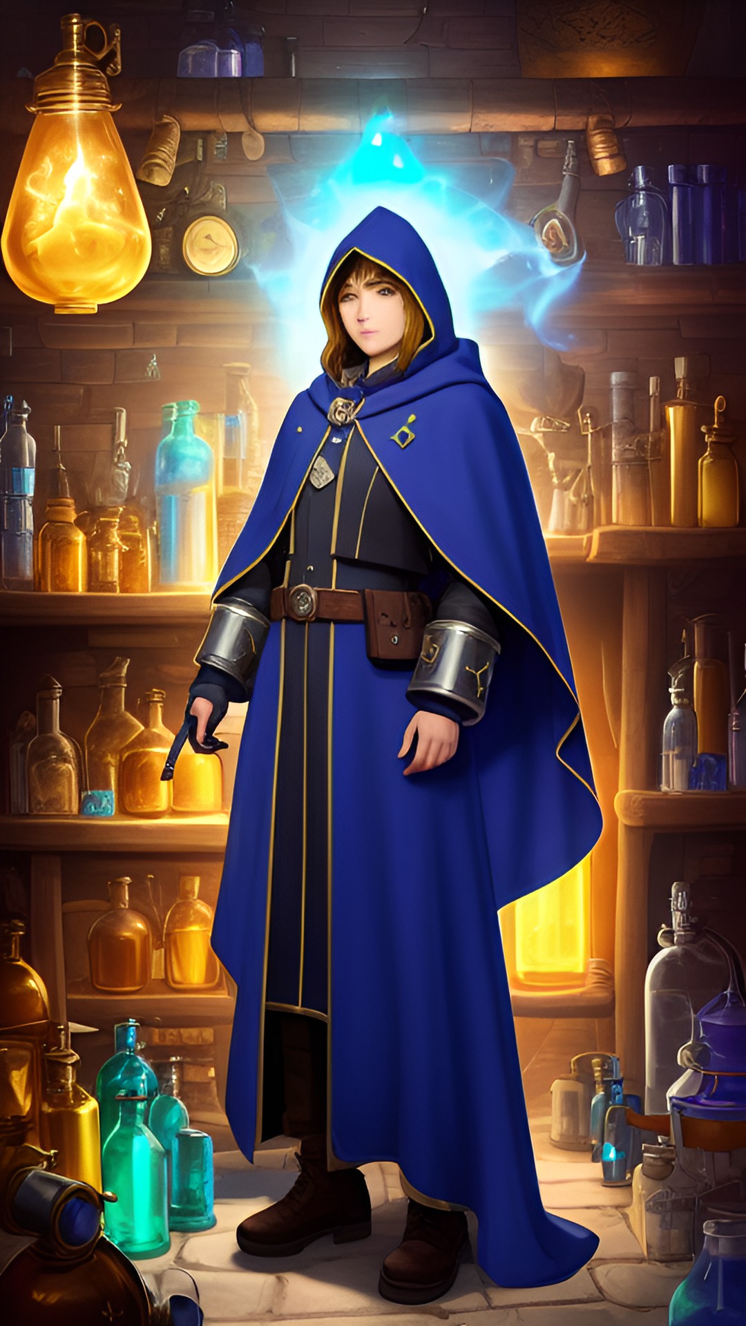 a mysterious alpine alchemist standing in front of a glowing potion-filled workbench, surrounded by bubbling beakers and alchemical instruments, wearing a cloak studded with shining jewels and a hood preview