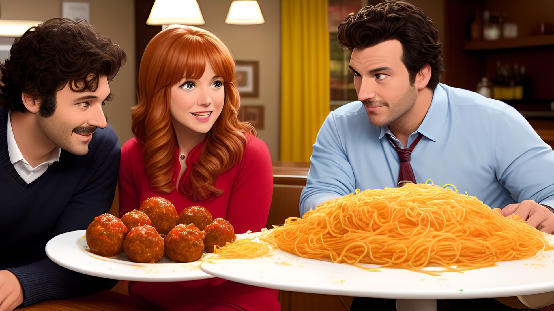 scene from a romantic comedy about spaghetti and meatballs. preview