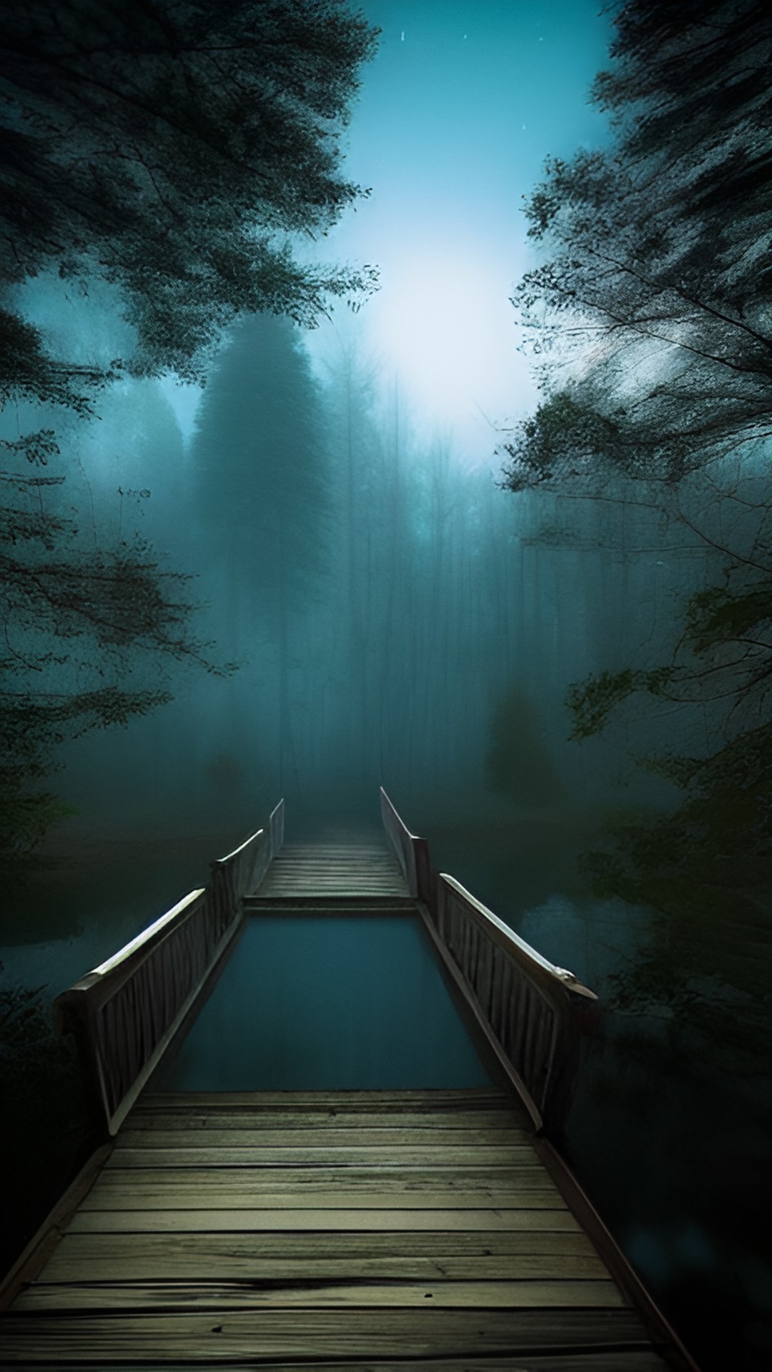 wooden bridge in the forest at night by the river preview