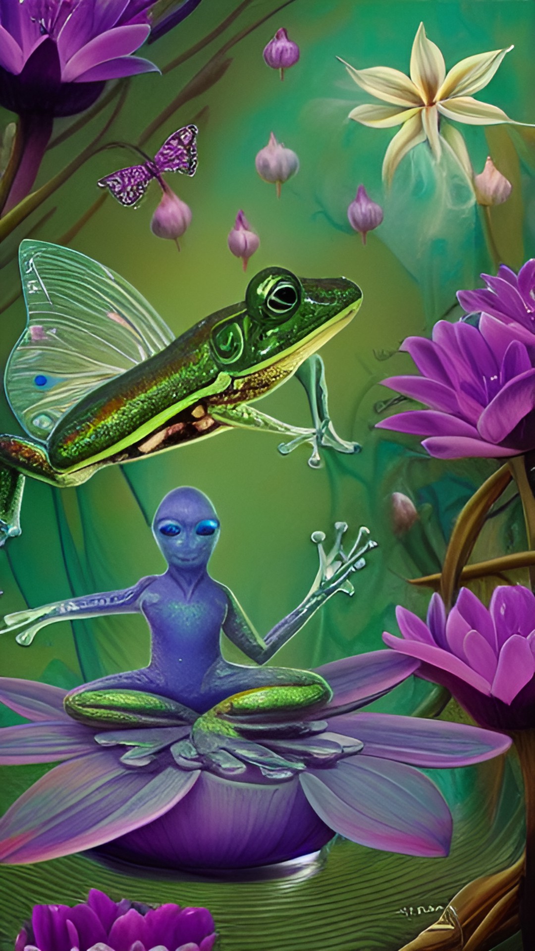 🐸🧞‍♀️▫️ - a magical fairy frog perched on a glittering silver lily pad, surrounded by a shimmering mist." preview