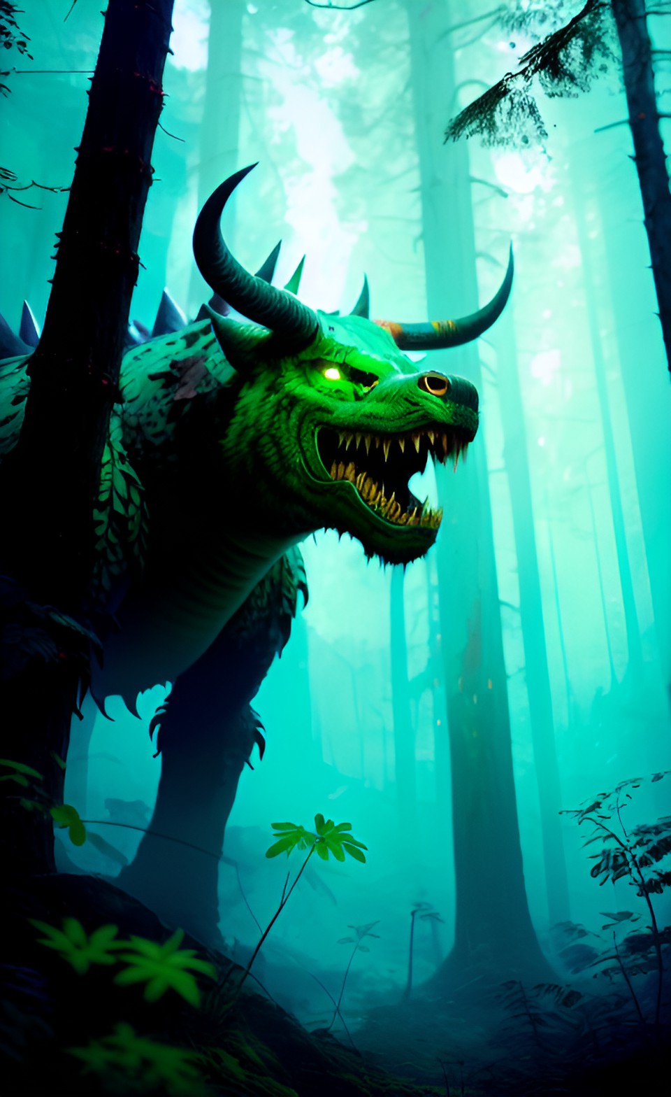 Hodag - hodag slimy green light blue horn with fangs scales in the forest preview