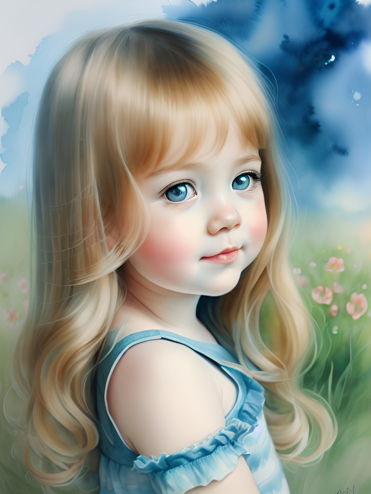 a  six month old baby with light brown hair smiling, she has sky blue eyes, with kawaii realistic portrait, melancholy pastel art, by nicoletta ceccoli, soey milk, cute detailed digital art, exquisite digital illustration, inspired by nicol preview