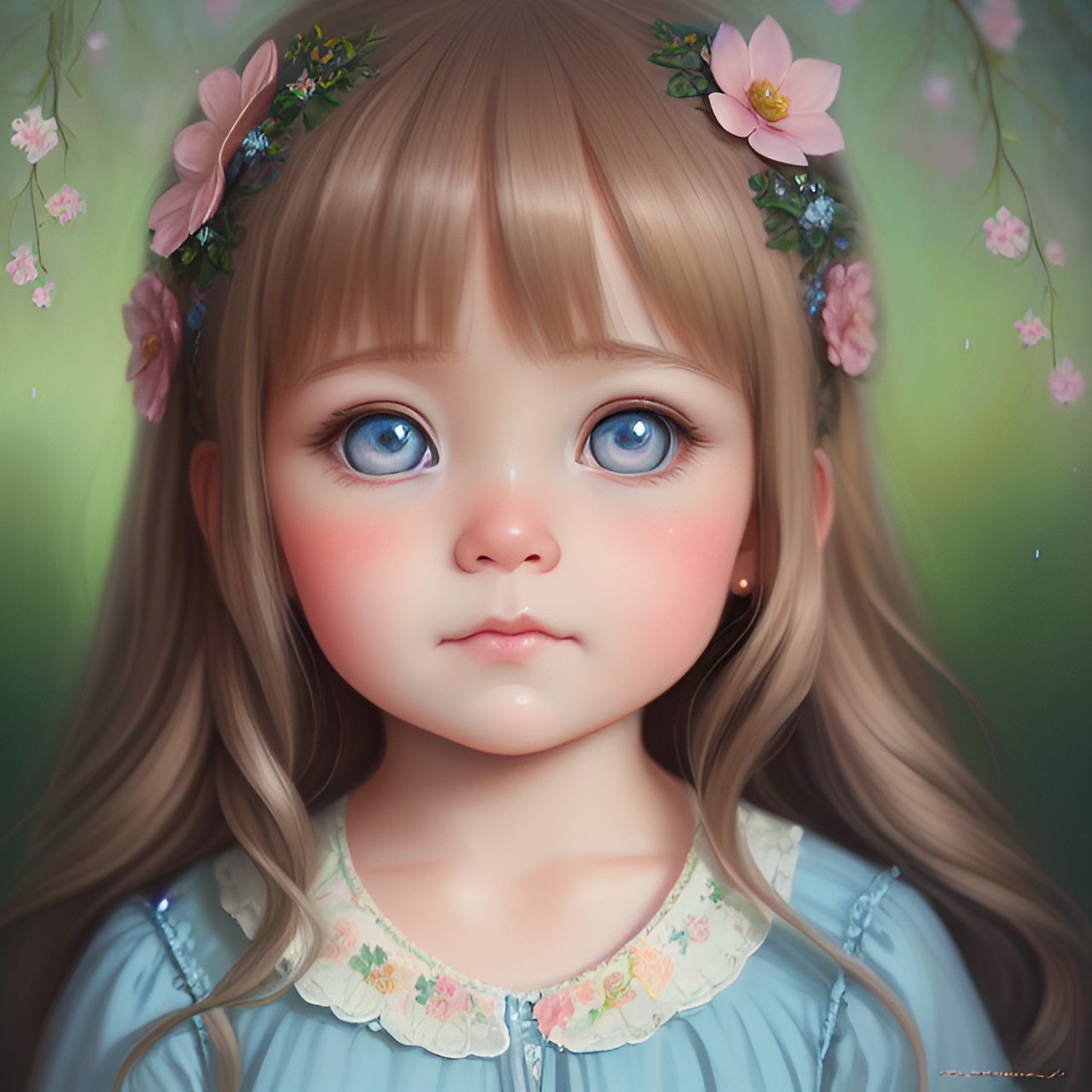 a  six month old baby with light brown hair smiling, she has sky blue eyes, with kawaii realistic portrait, melancholy pastel art, by nicoletta ceccoli, soey milk, cute detailed digital art, exquisite digital illustration, inspired by nicol preview