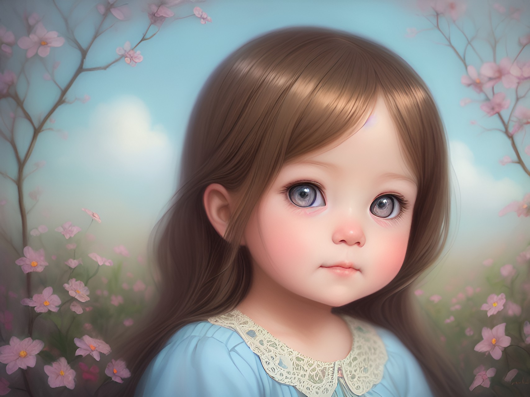 a  six month old baby with light brown hair smiling, she has sky blue eyes, with kawaii realistic portrait, melancholy pastel art, by nicoletta ceccoli, soey milk, cute detailed digital art, exquisite digital illustration, inspired by nicol preview