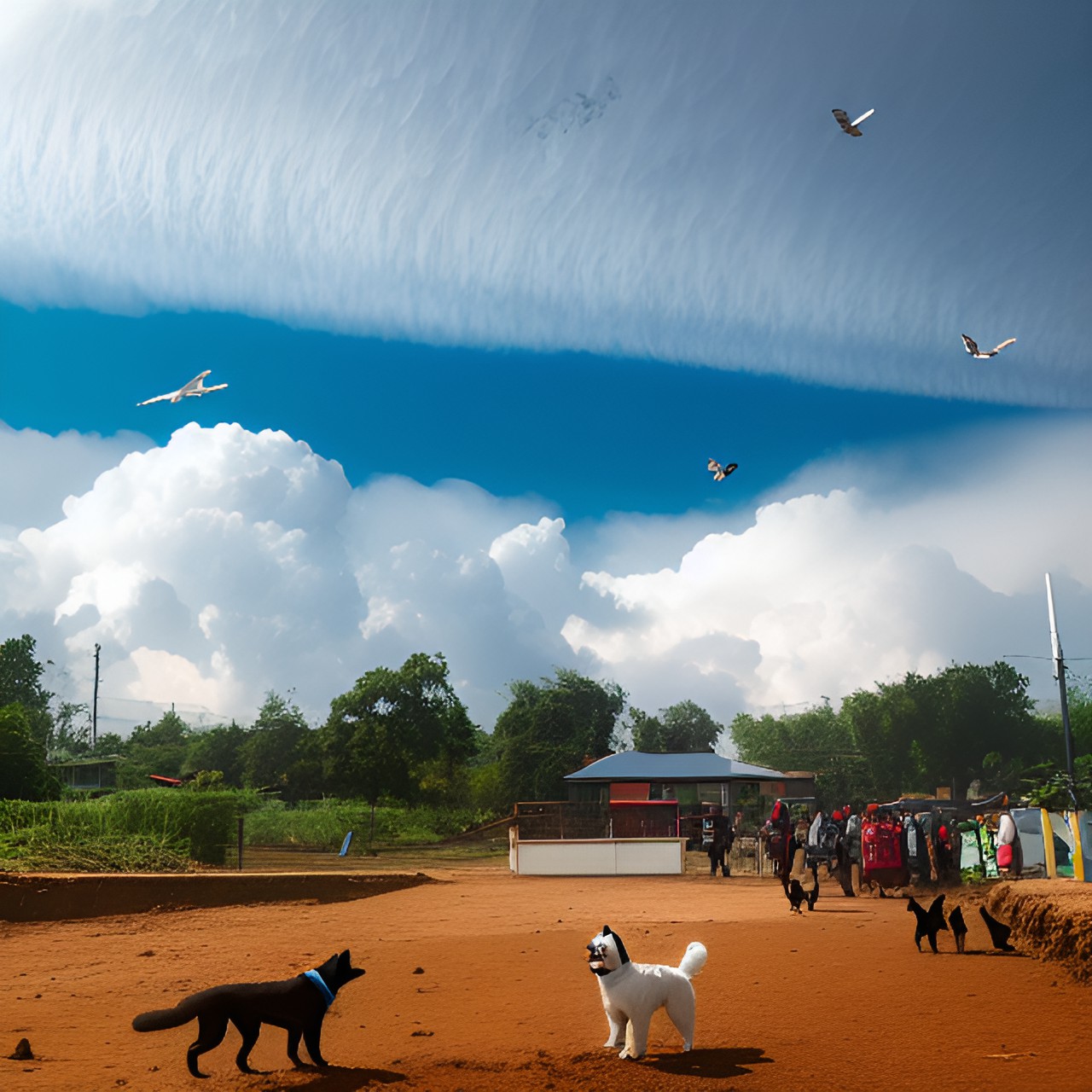 ground breaking earth quake with dogs,birds and humans flying in the air and clouds in a rain shower through a sunny day preview