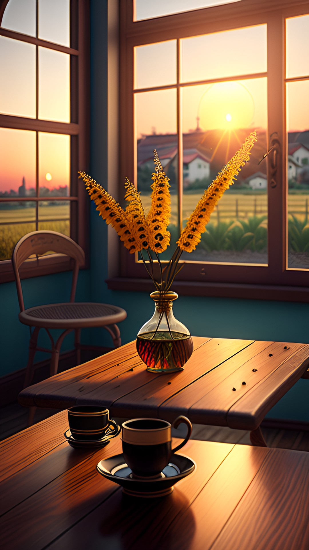 turkish-style espresso set on an old wood-plank style dining table with matching farm chairs. a single clear bud vase with a flowered twig in front of a run down window with a poor cityscape, sunrise, birds chirping, morning sun, 3d, 16k preview