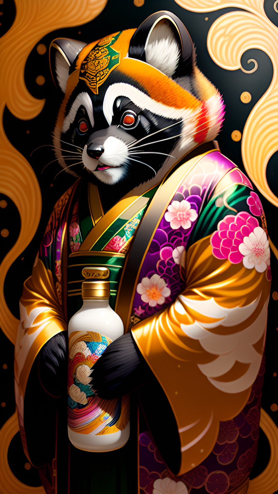 danzaburou, the legendary tanuki adorned in a colorful, patterned kimono. he is holding a sake bottle and has a mischievous grin on his face. preview